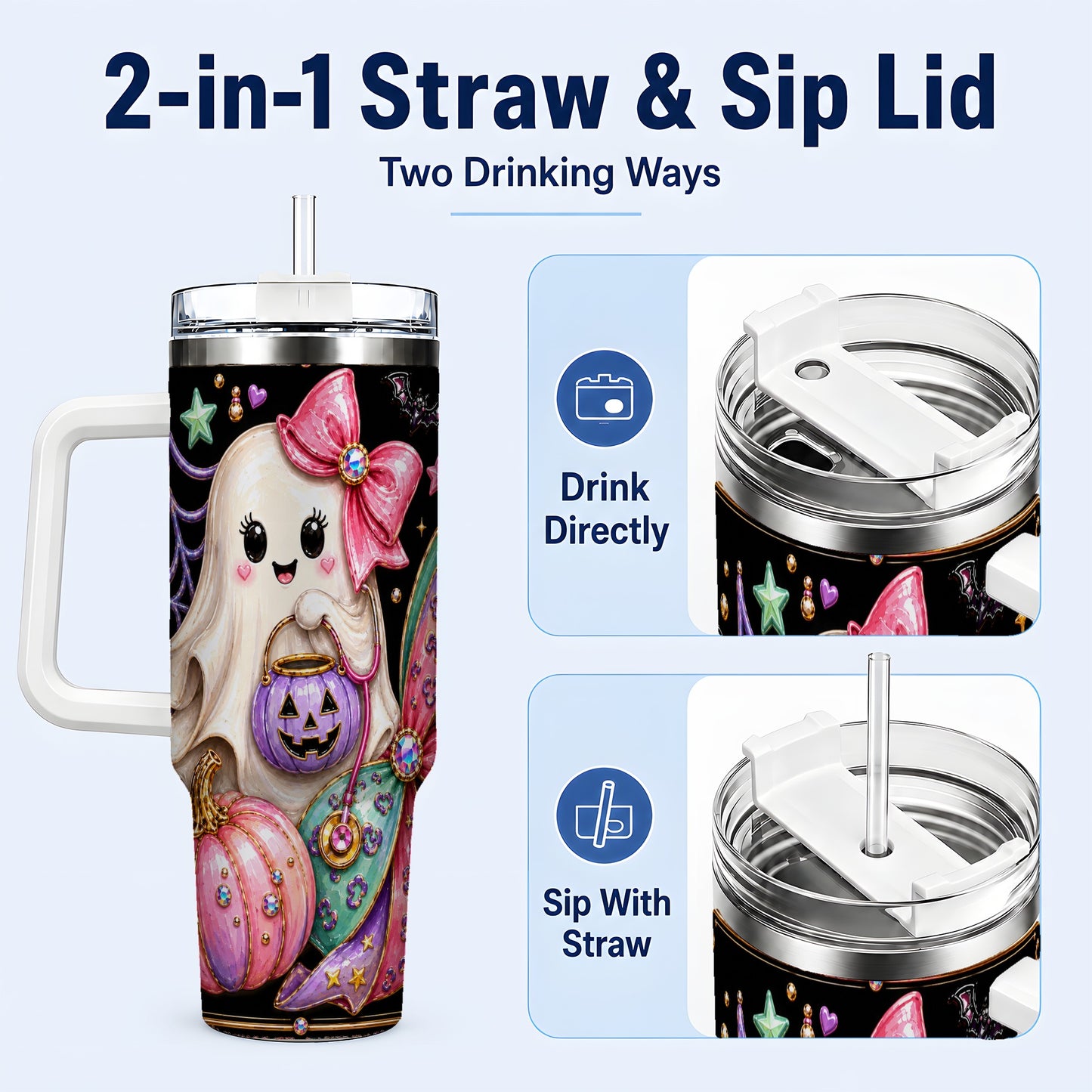 #pl[40oz|White] Ghost Nurse 40oz Tumbler with Handle, Cute Halloween Theme
