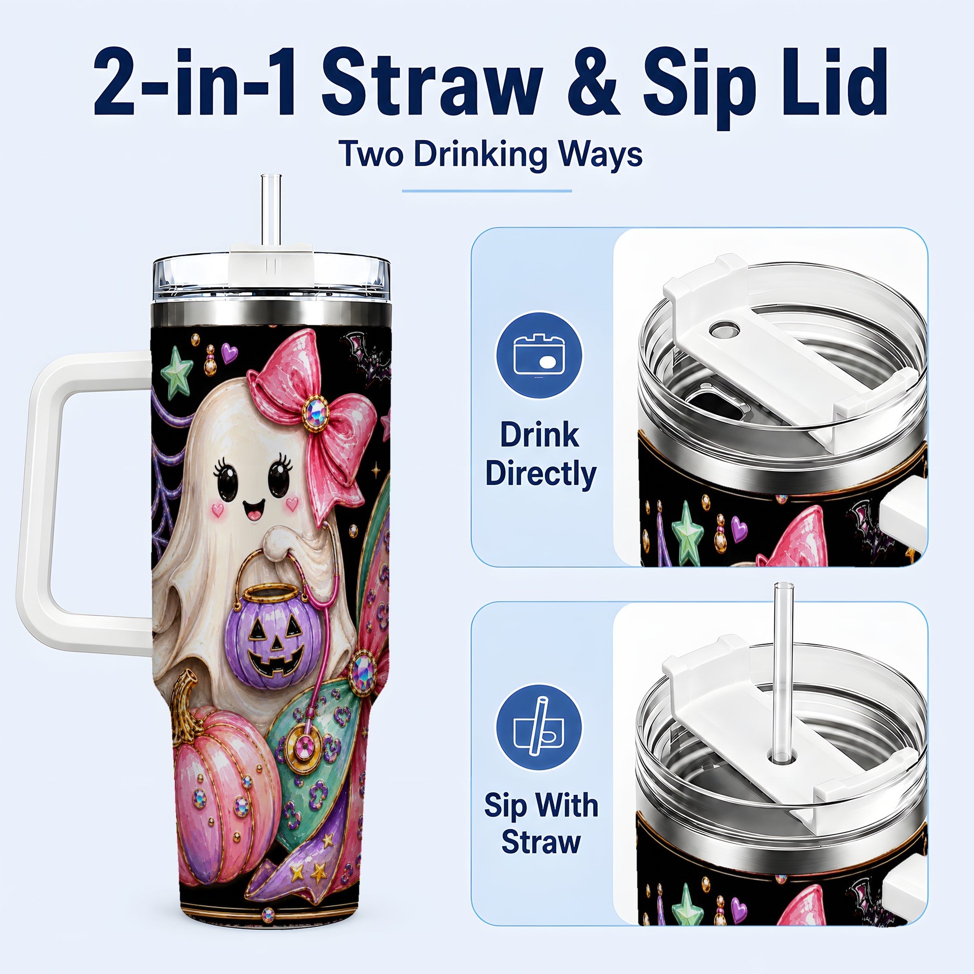 #pl[40oz|White] Ghost Nurse 40oz Tumbler with Handle, Cute Halloween Theme