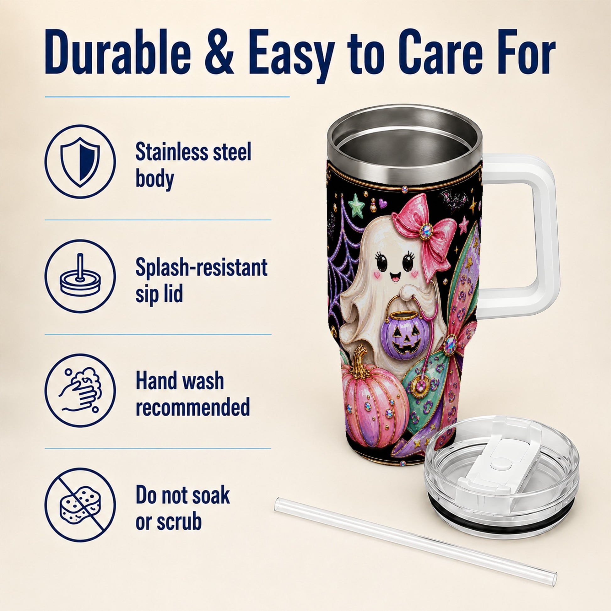 #pl[40oz|White] Ghost Nurse 40oz Tumbler with Handle, Cute Halloween Theme