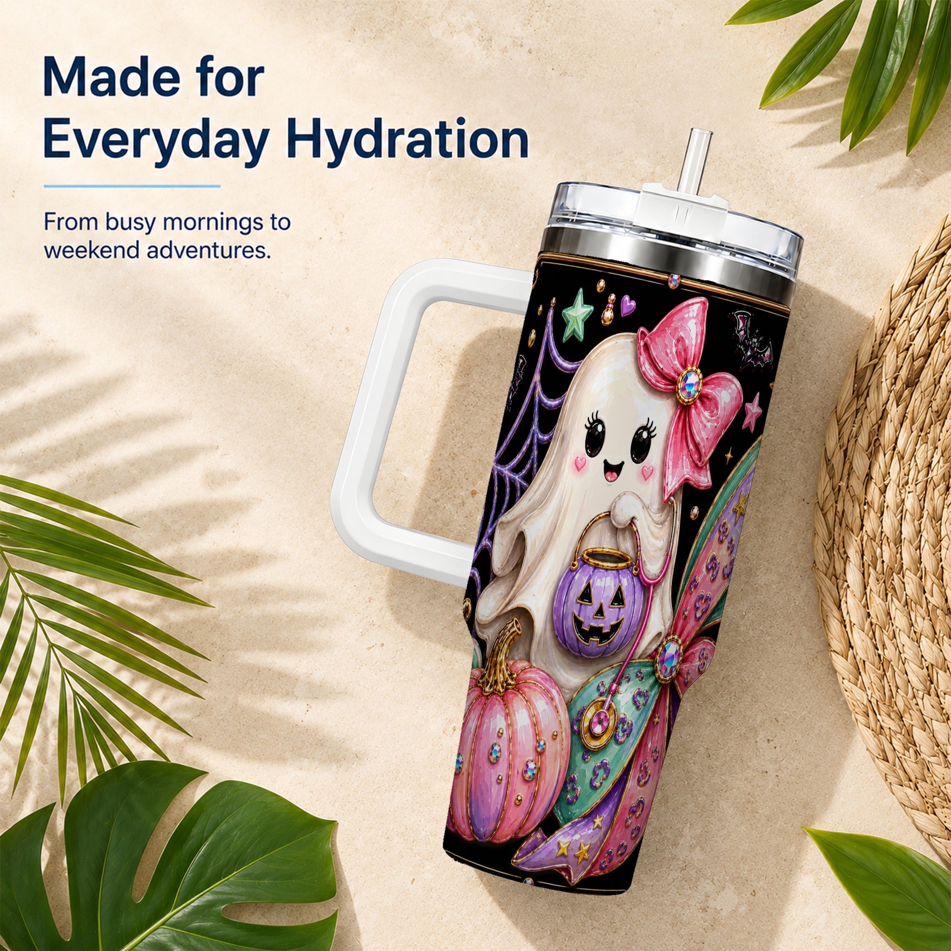 #pl[40oz|White] Ghost Nurse 40oz Tumbler with Handle, Cute Halloween Theme