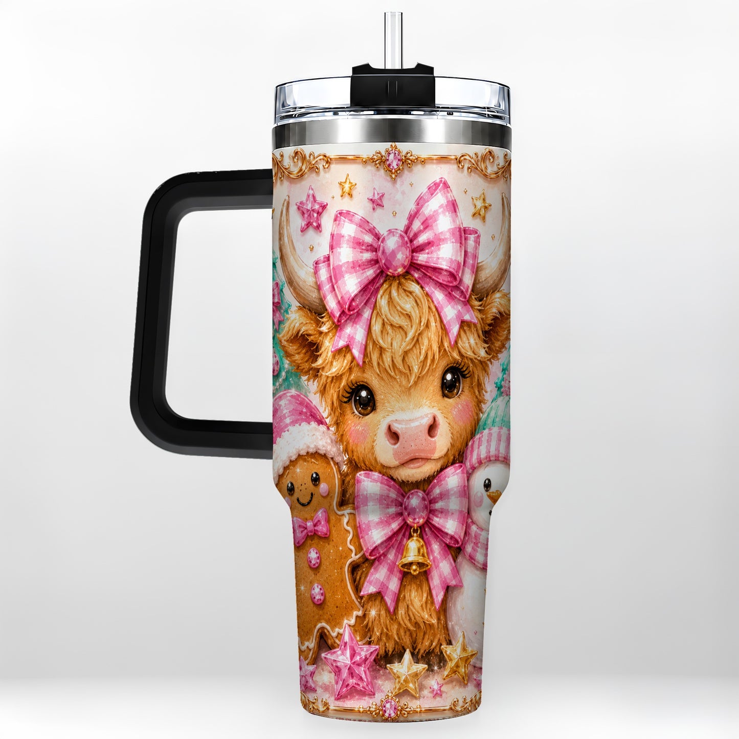 #pl[40oz|Black] Highland Cow 40oz Tumbler with Handle, Christmas Farm Theme
