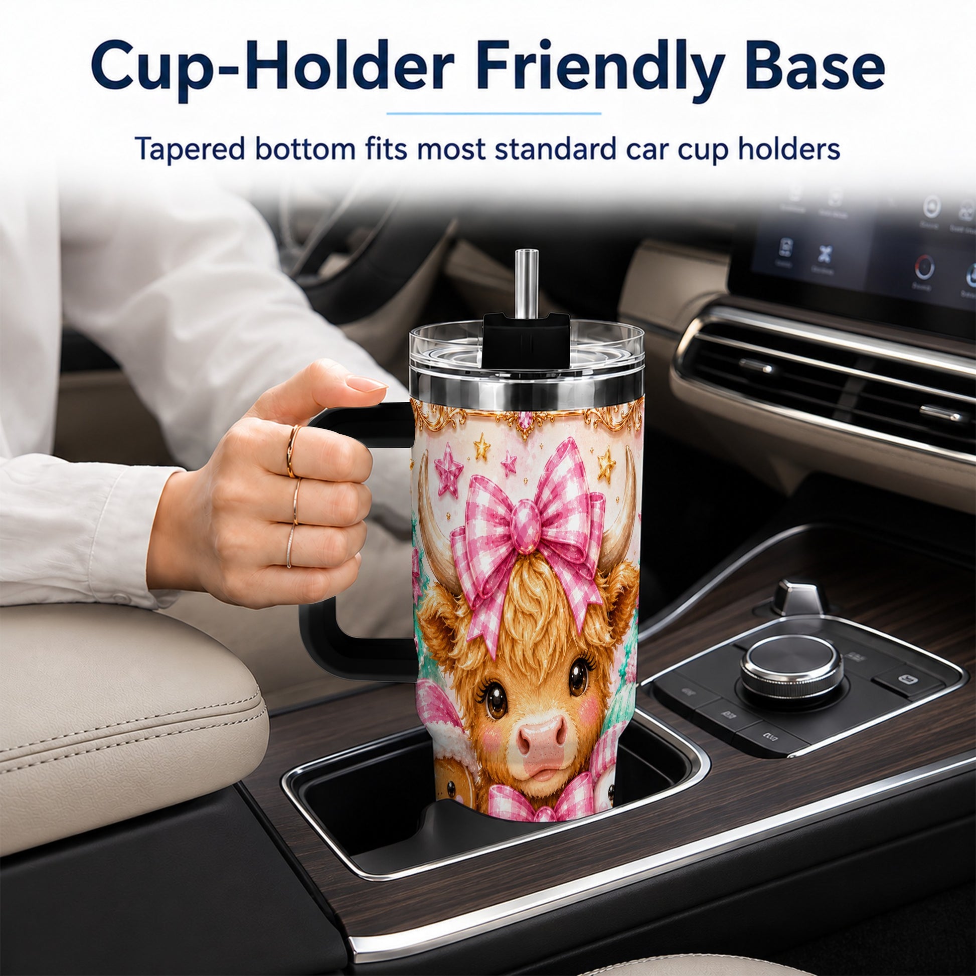 #pl[40oz|Black] Highland Cow 40oz Tumbler with Handle, Christmas Farm Theme
