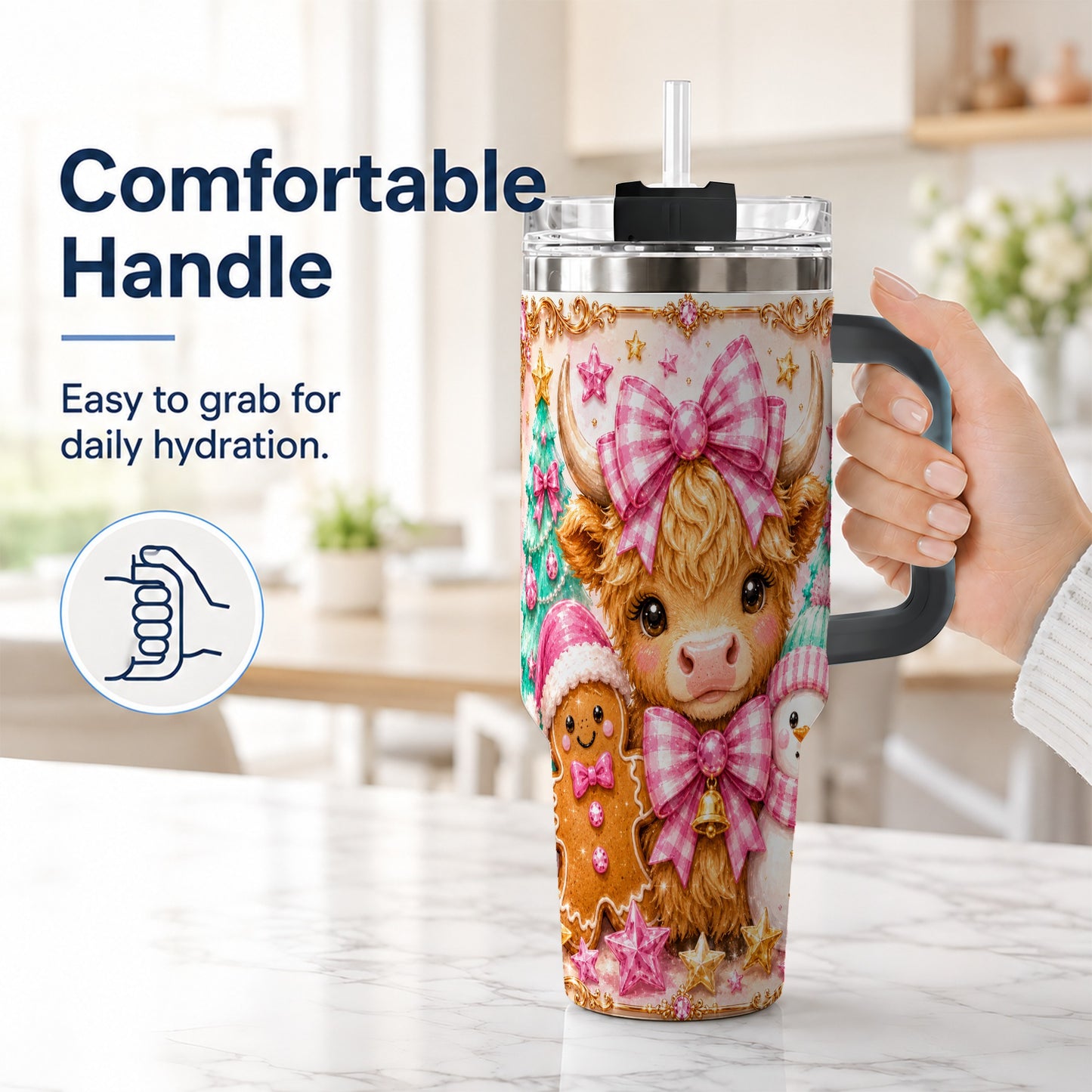 #pl[40oz|Black] Highland Cow 40oz Tumbler with Handle, Christmas Farm Theme