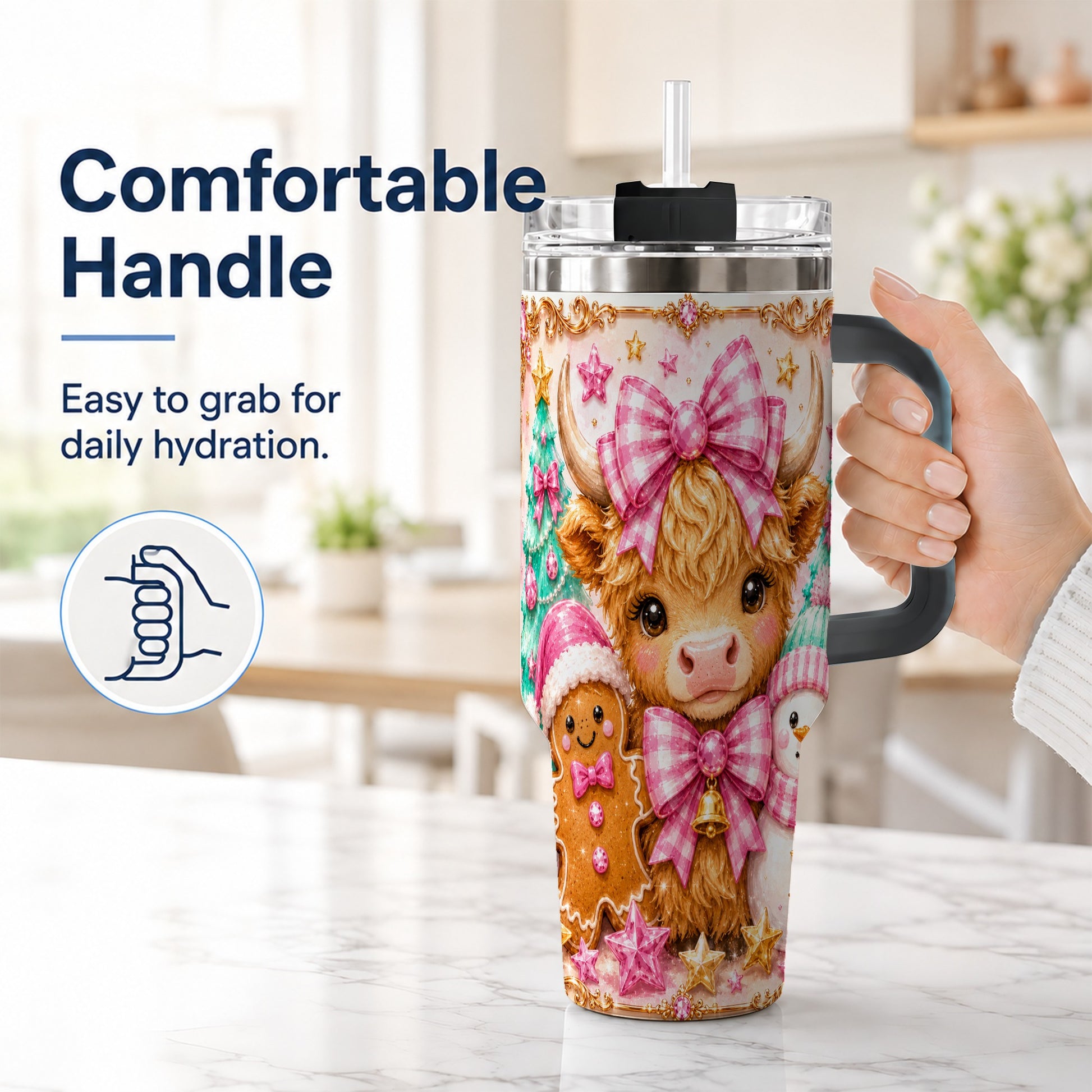 #pl[40oz|Black] Highland Cow 40oz Tumbler with Handle, Christmas Farm Theme