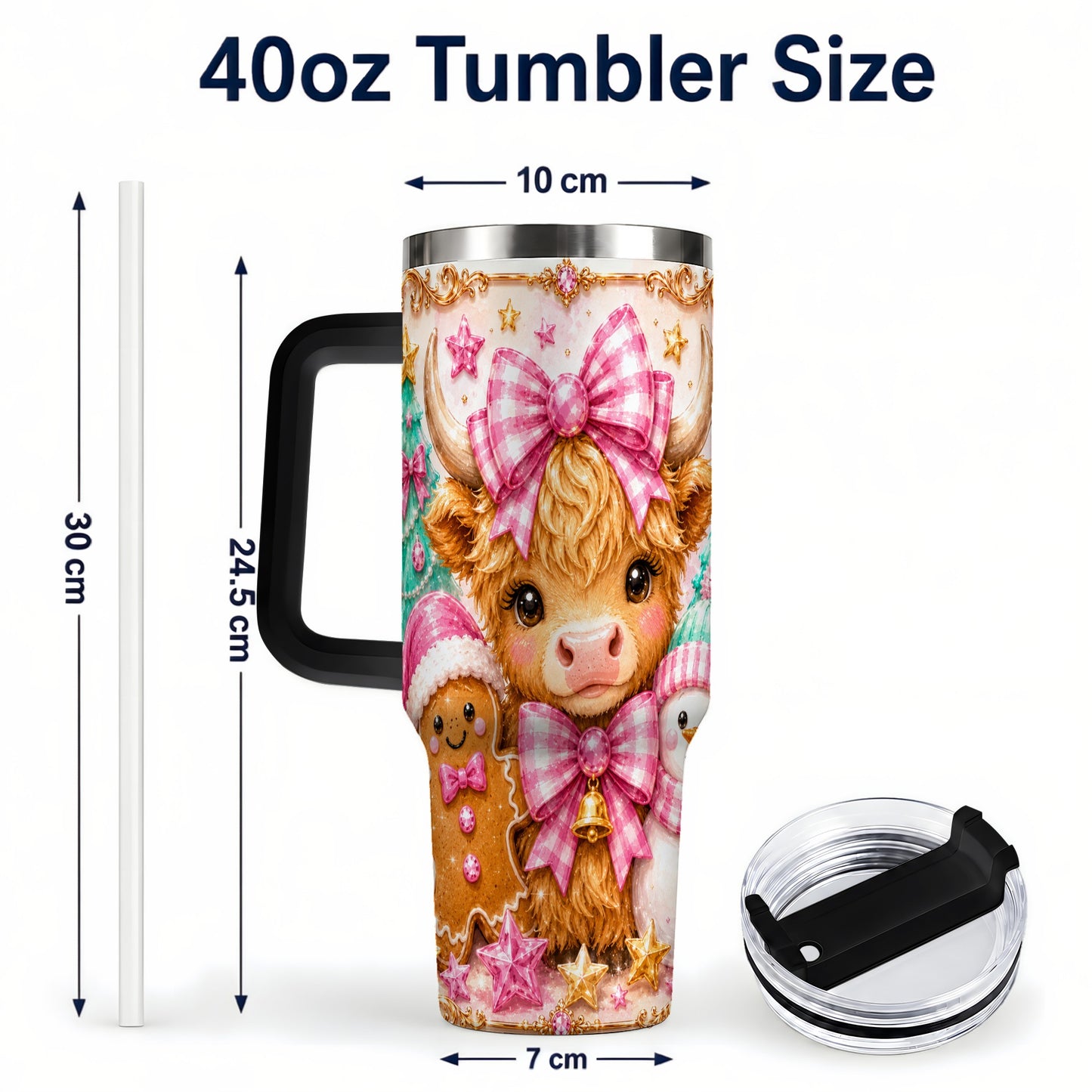 #pl[40oz|Black] Highland Cow 40oz Tumbler with Handle, Christmas Farm Theme