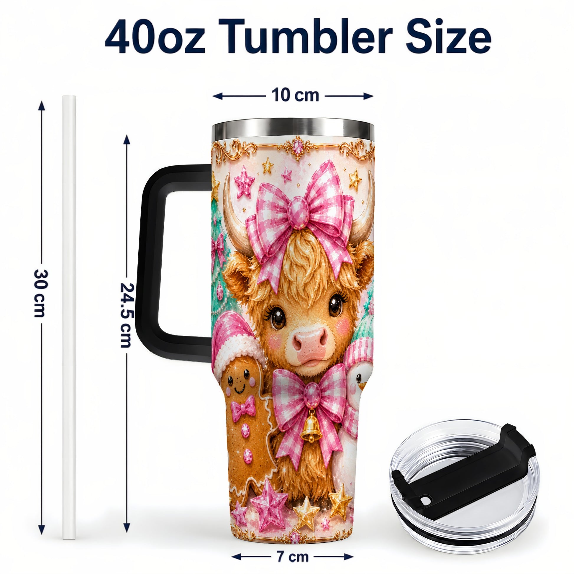 #pl[40oz|Black] Highland Cow 40oz Tumbler with Handle, Christmas Farm Theme