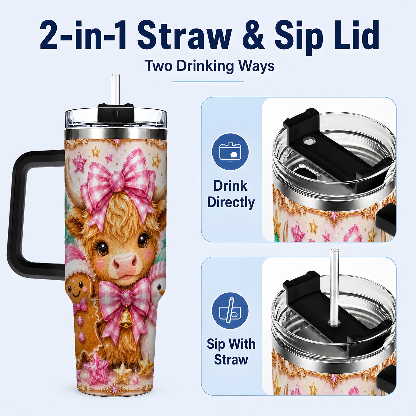 #pl[40oz|Black] Highland Cow 40oz Tumbler with Handle, Christmas Farm Theme