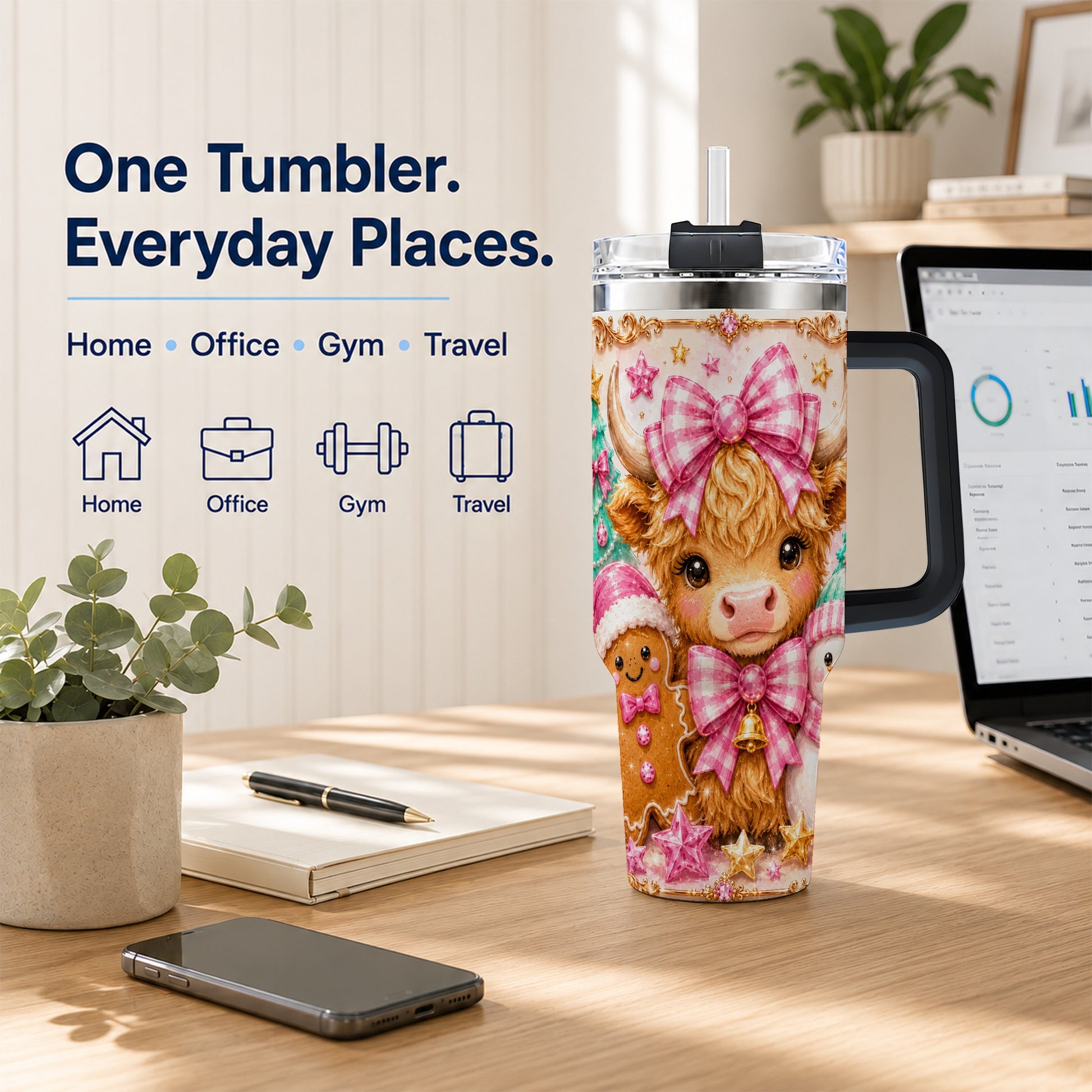 #pl[40oz|Black] Highland Cow 40oz Tumbler with Handle, Christmas Farm Theme