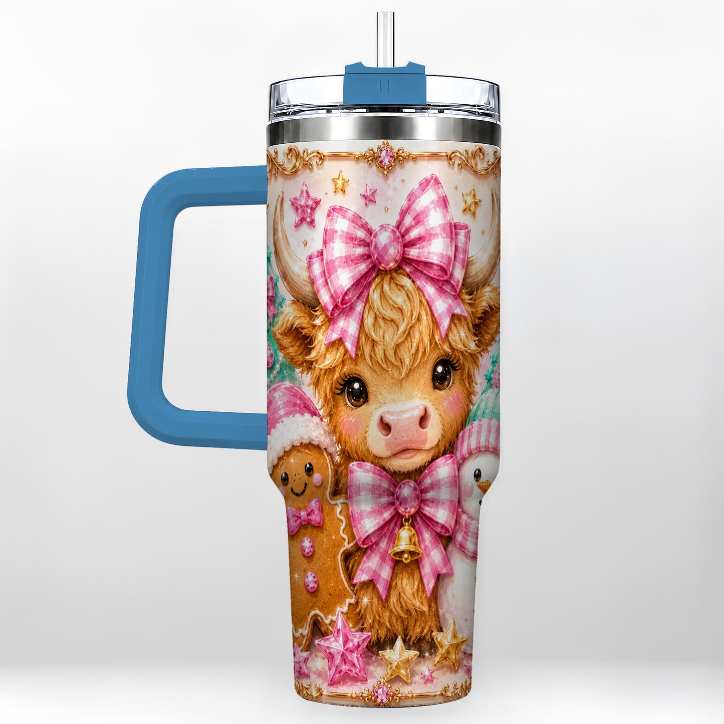 #pl[40oz|Blue] Highland Cow 40oz Tumbler with Handle, Christmas Farm Theme