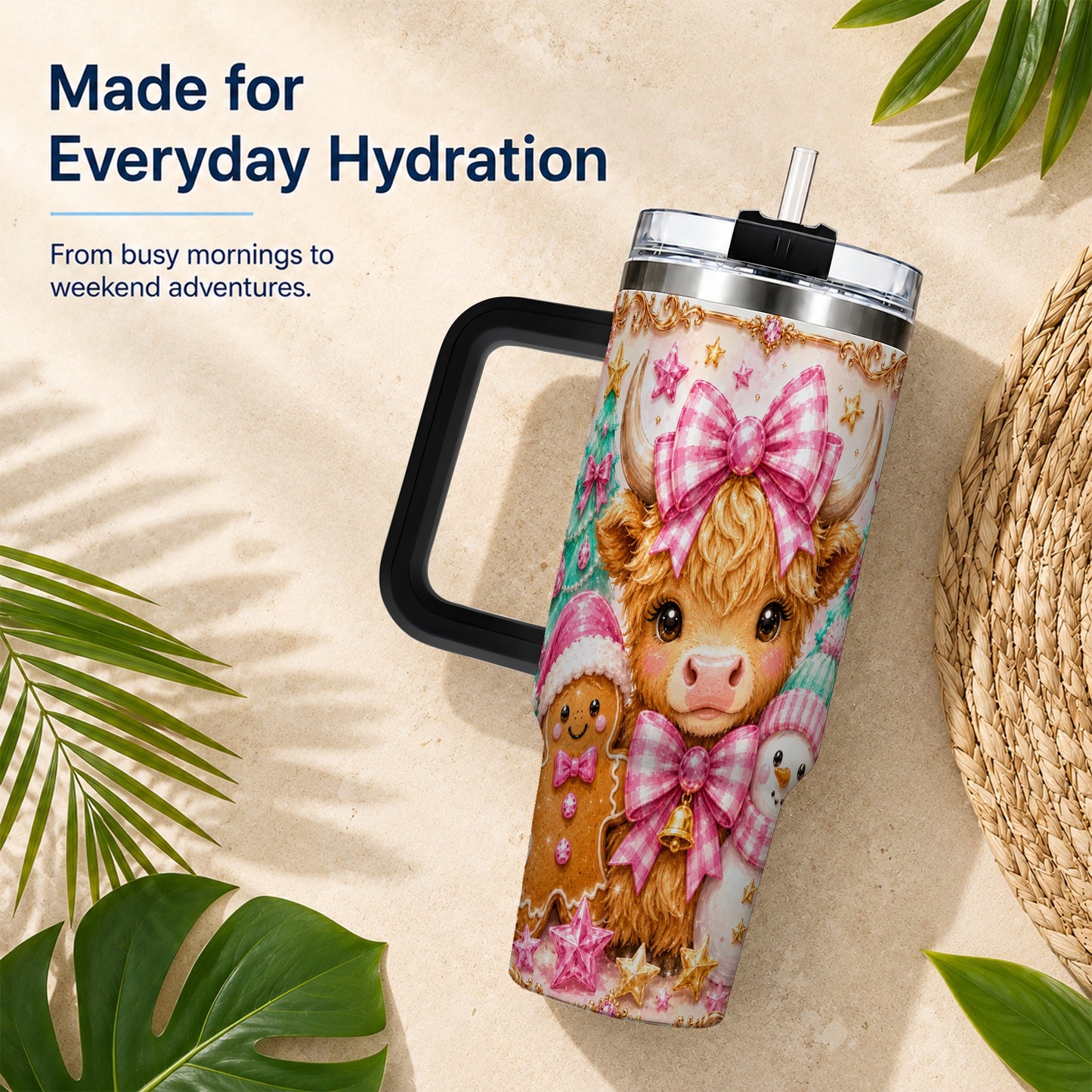 #pl[40oz|Black] Highland Cow 40oz Tumbler with Handle, Christmas Farm Theme
