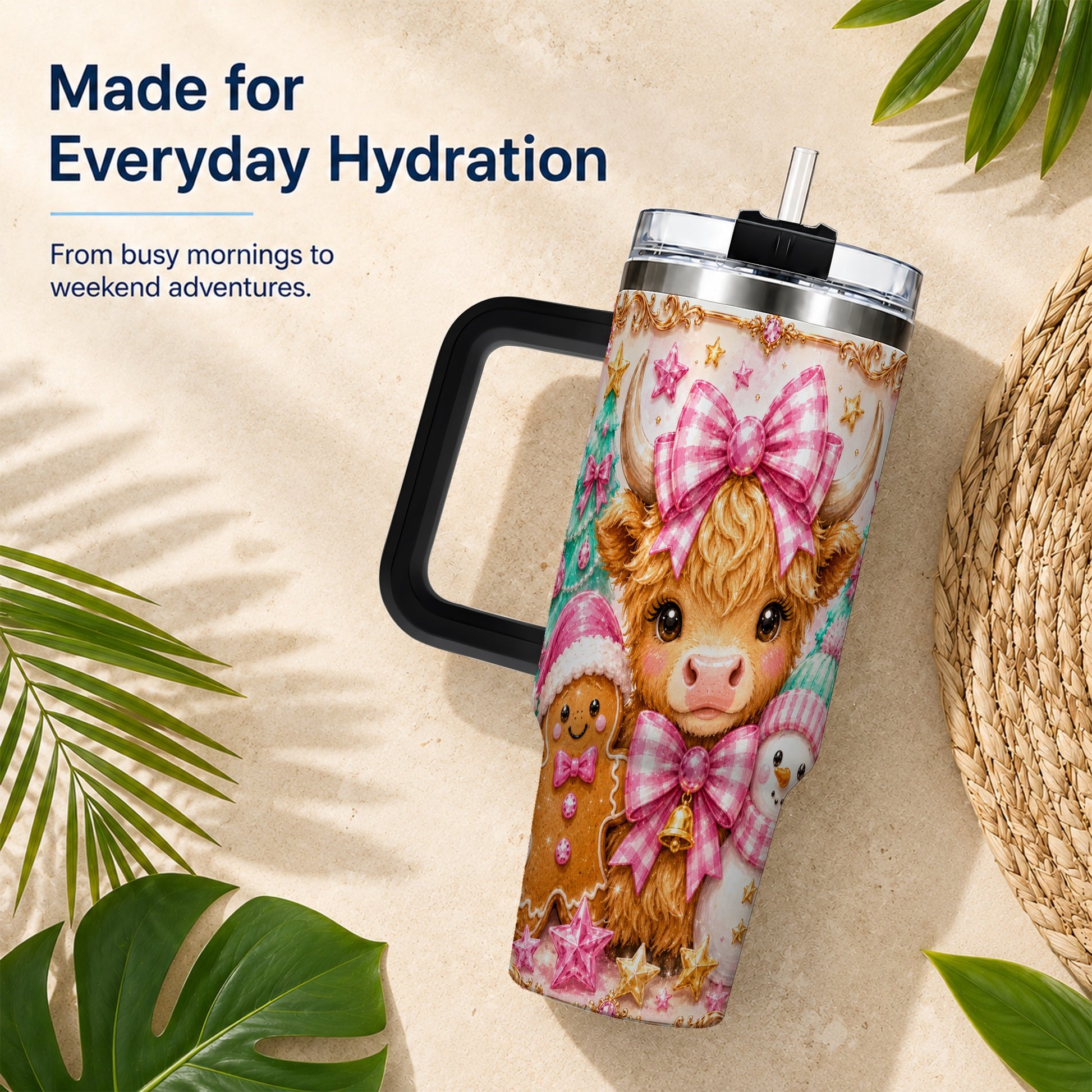 #pl[40oz|Black] Highland Cow 40oz Tumbler with Handle, Christmas Farm Theme