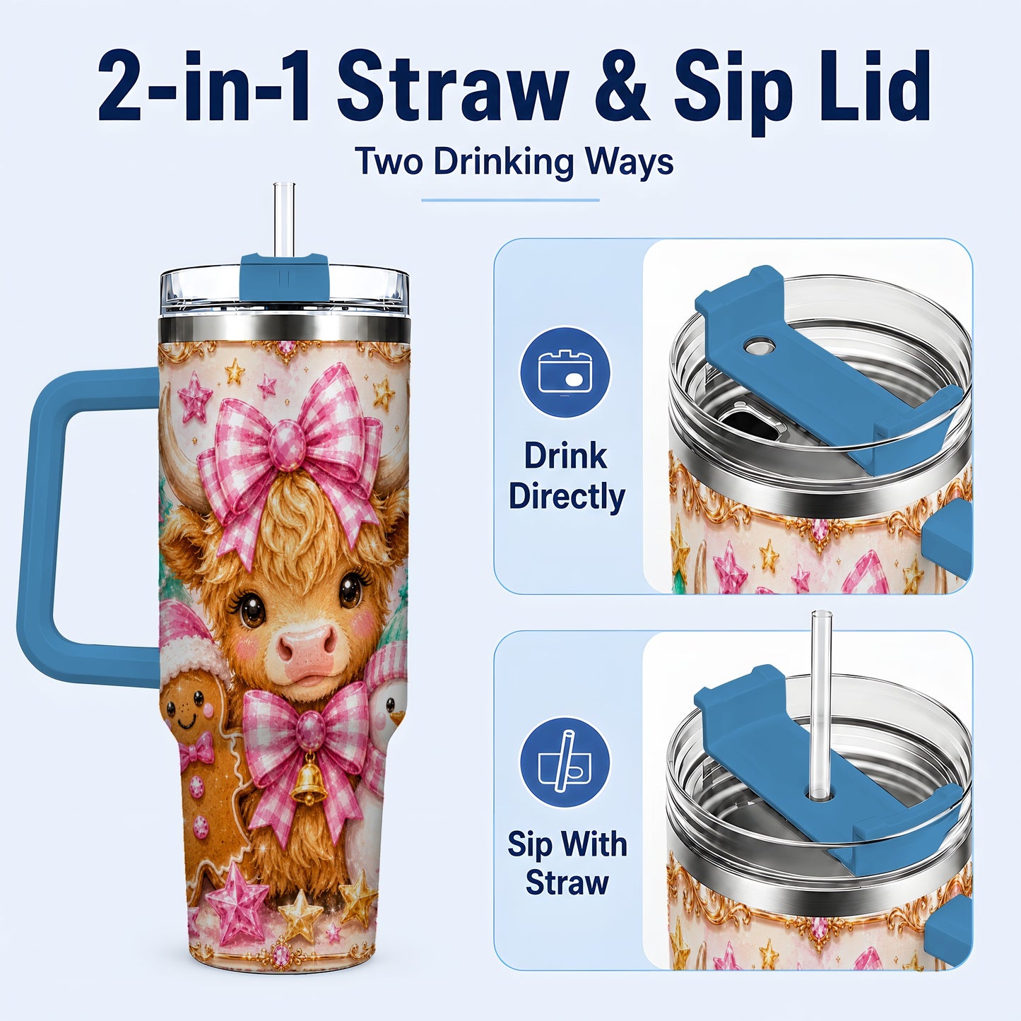 #pl[40oz|Blue] Highland Cow 40oz Tumbler with Handle, Christmas Farm Theme