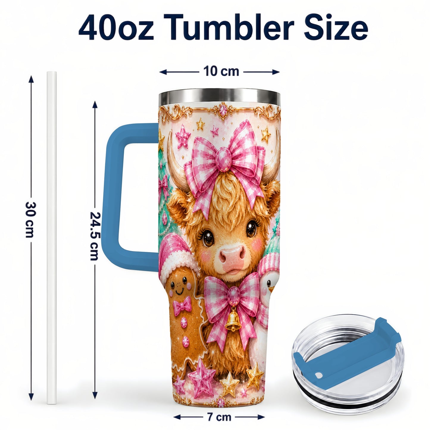 #pl[40oz|Blue] Highland Cow 40oz Tumbler with Handle, Christmas Farm Theme