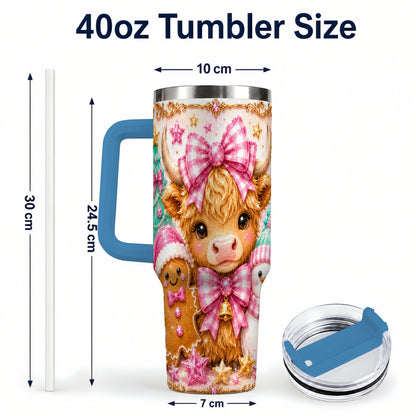 #pl[40oz|Blue] Highland Cow 40oz Tumbler with Handle, Christmas Farm Theme