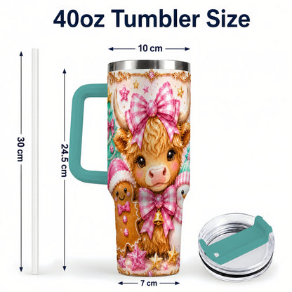 #pl[40oz|Green] Highland Cow 40oz Tumbler with Handle, Christmas Farm Theme