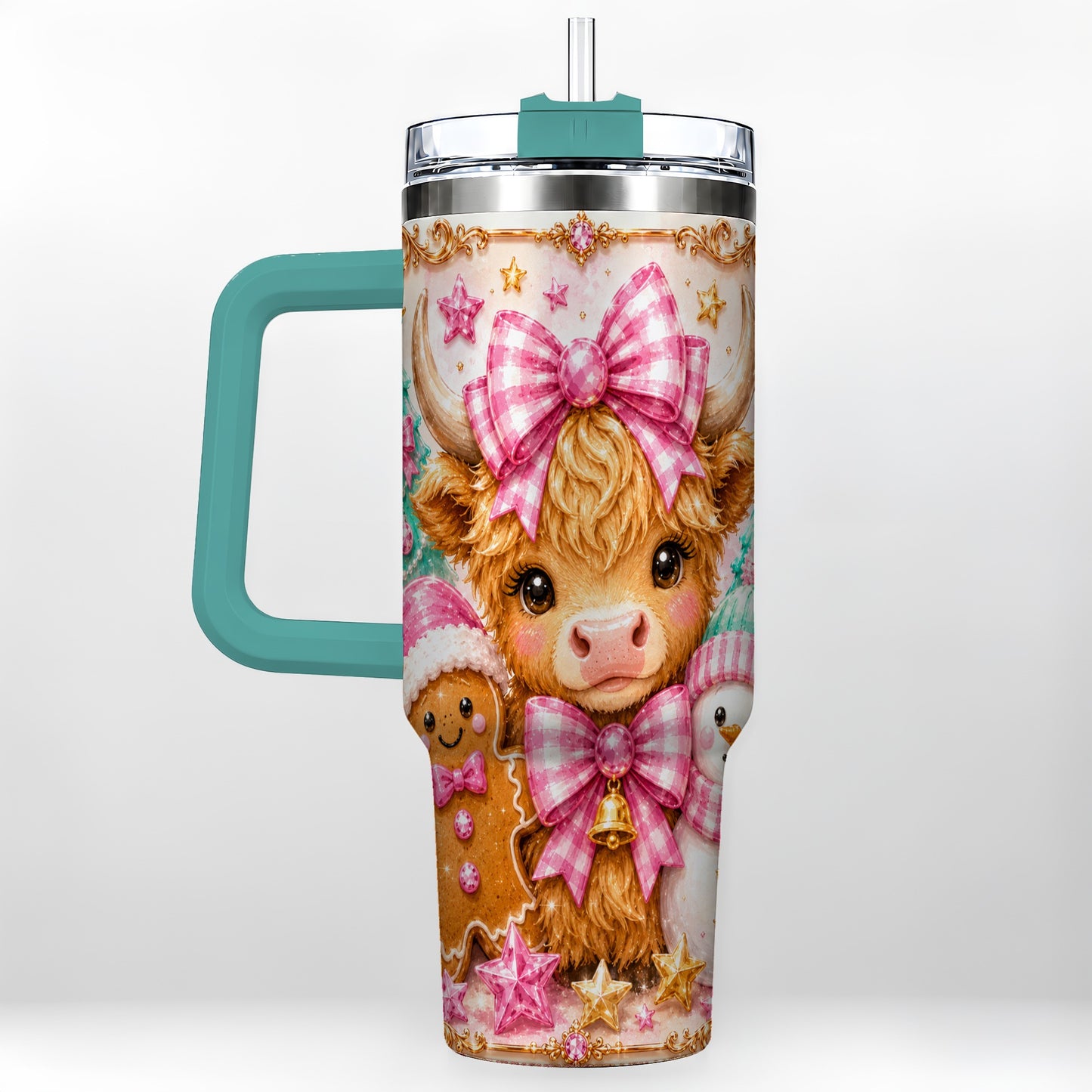 #pl[40oz|Green] Highland Cow 40oz Tumbler with Handle, Christmas Farm Theme