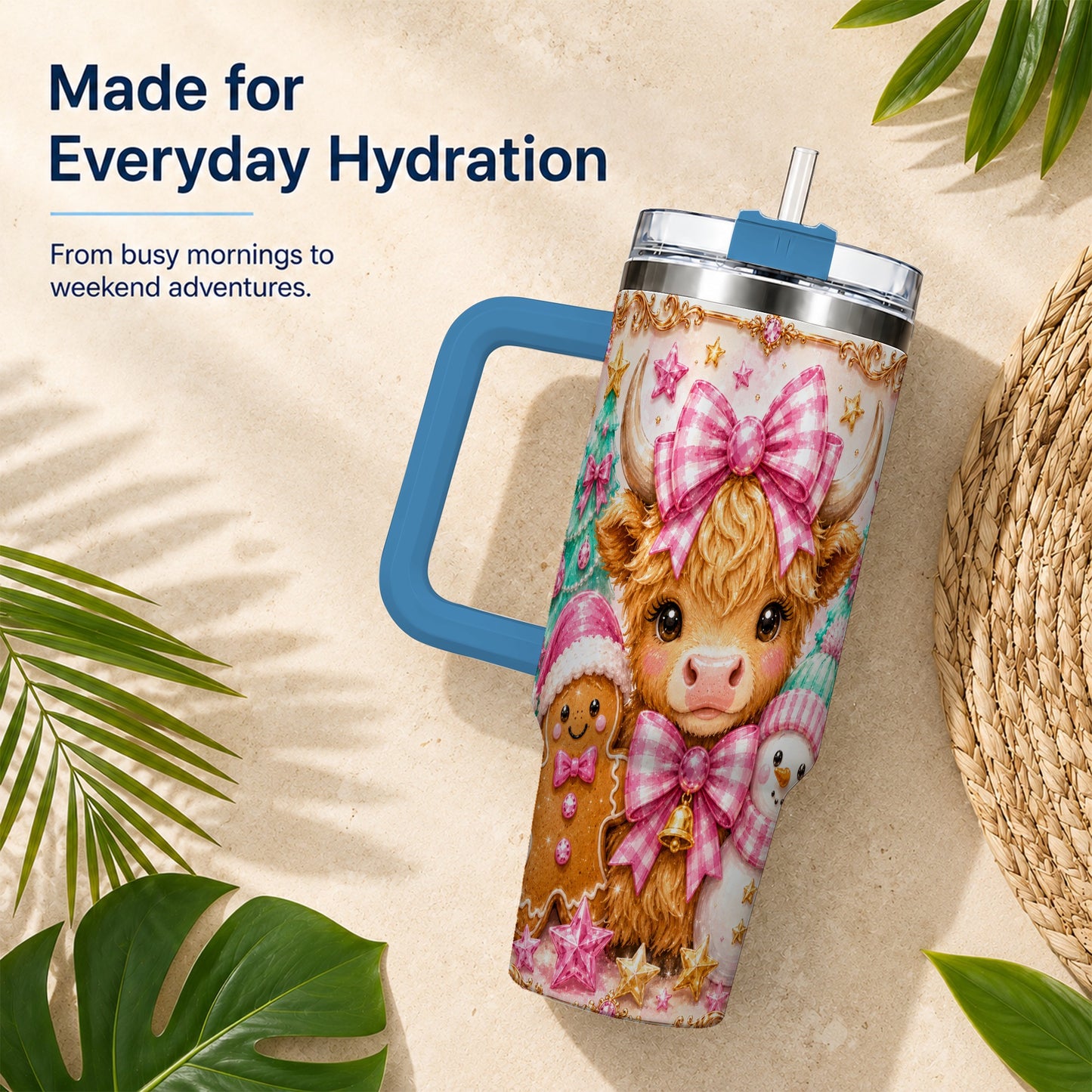 #pl[40oz|Blue] Highland Cow 40oz Tumbler with Handle, Christmas Farm Theme
