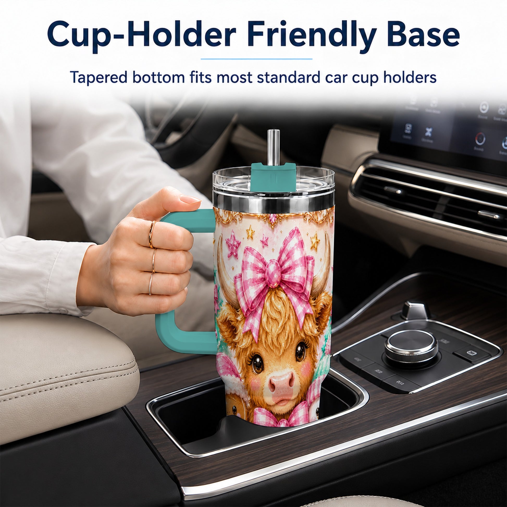 #pl[40oz|Green] Highland Cow 40oz Tumbler with Handle, Christmas Farm Theme