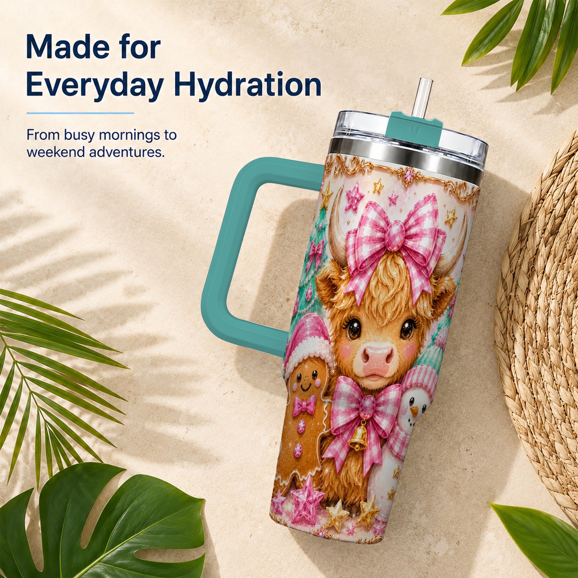 #pl[40oz|Green] Highland Cow 40oz Tumbler with Handle, Christmas Farm Theme