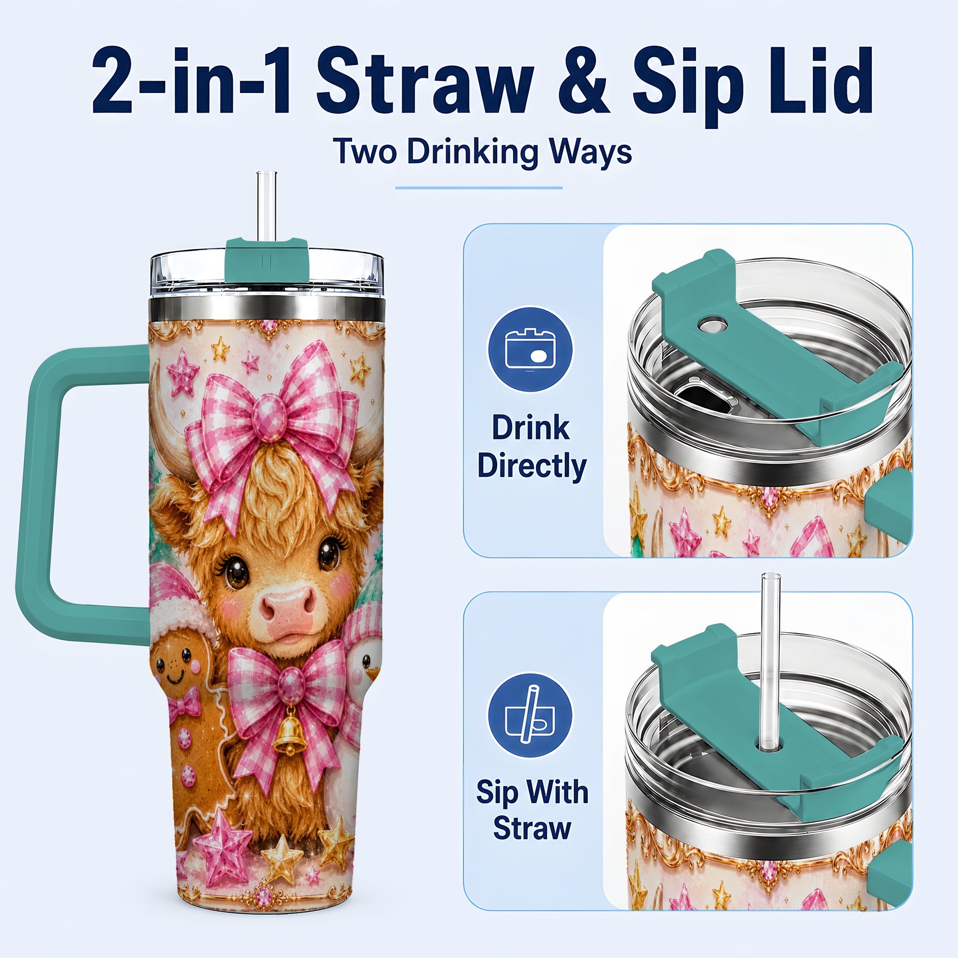 #pl[40oz|Green] Highland Cow 40oz Tumbler with Handle, Christmas Farm Theme