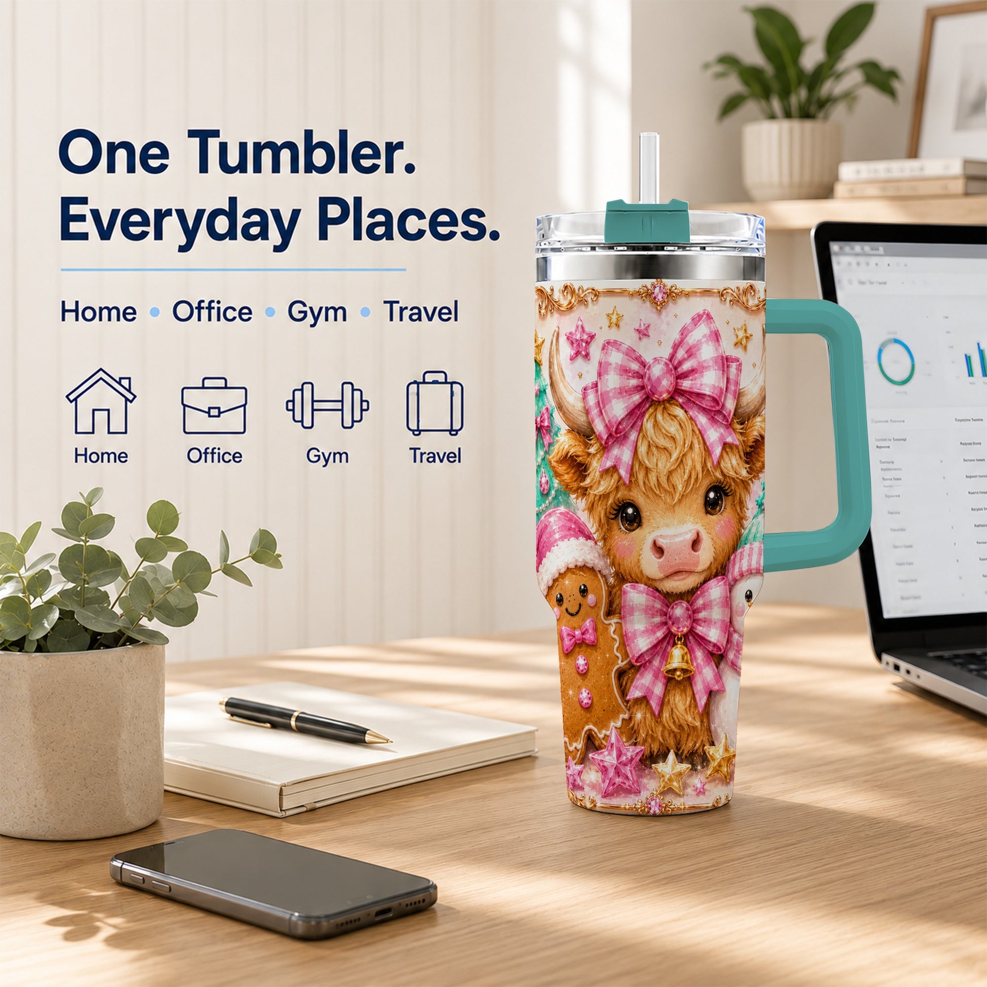 #pl[40oz|Green] Highland Cow 40oz Tumbler with Handle, Christmas Farm Theme