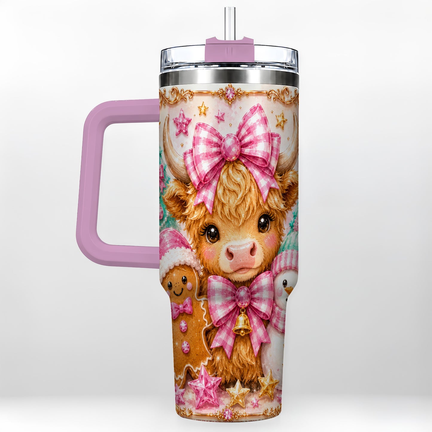 #pl[40oz|Pink] Highland Cow 40oz Tumbler with Handle, Christmas Farm Theme