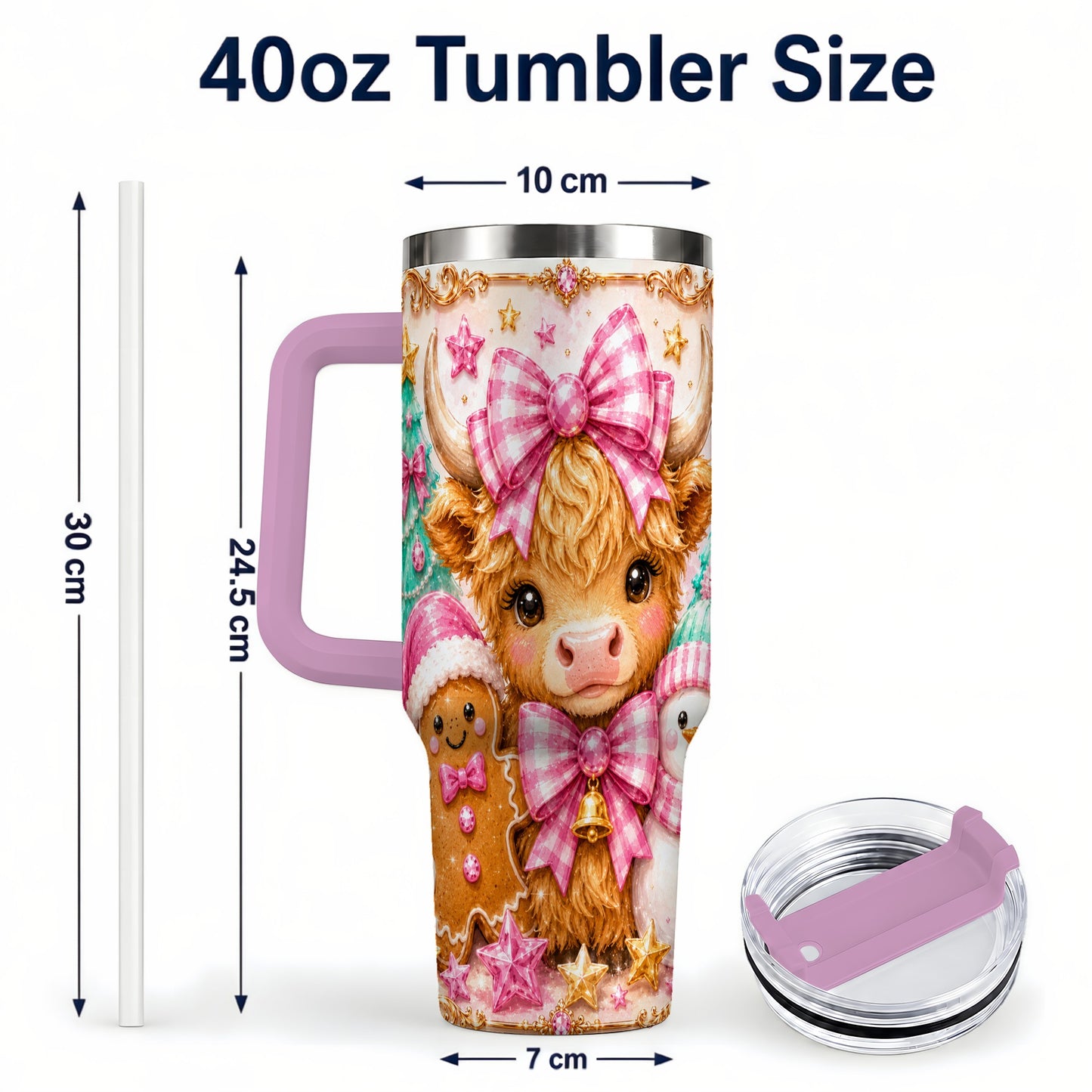 #pl[40oz|Pink] Highland Cow 40oz Tumbler with Handle, Christmas Farm Theme
