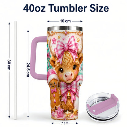 #pl[40oz|Pink] Highland Cow 40oz Tumbler with Handle, Christmas Farm Theme