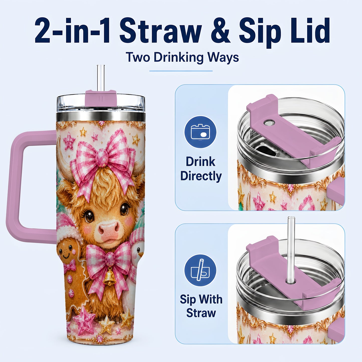 #pl[40oz|Pink] Highland Cow 40oz Tumbler with Handle, Christmas Farm Theme