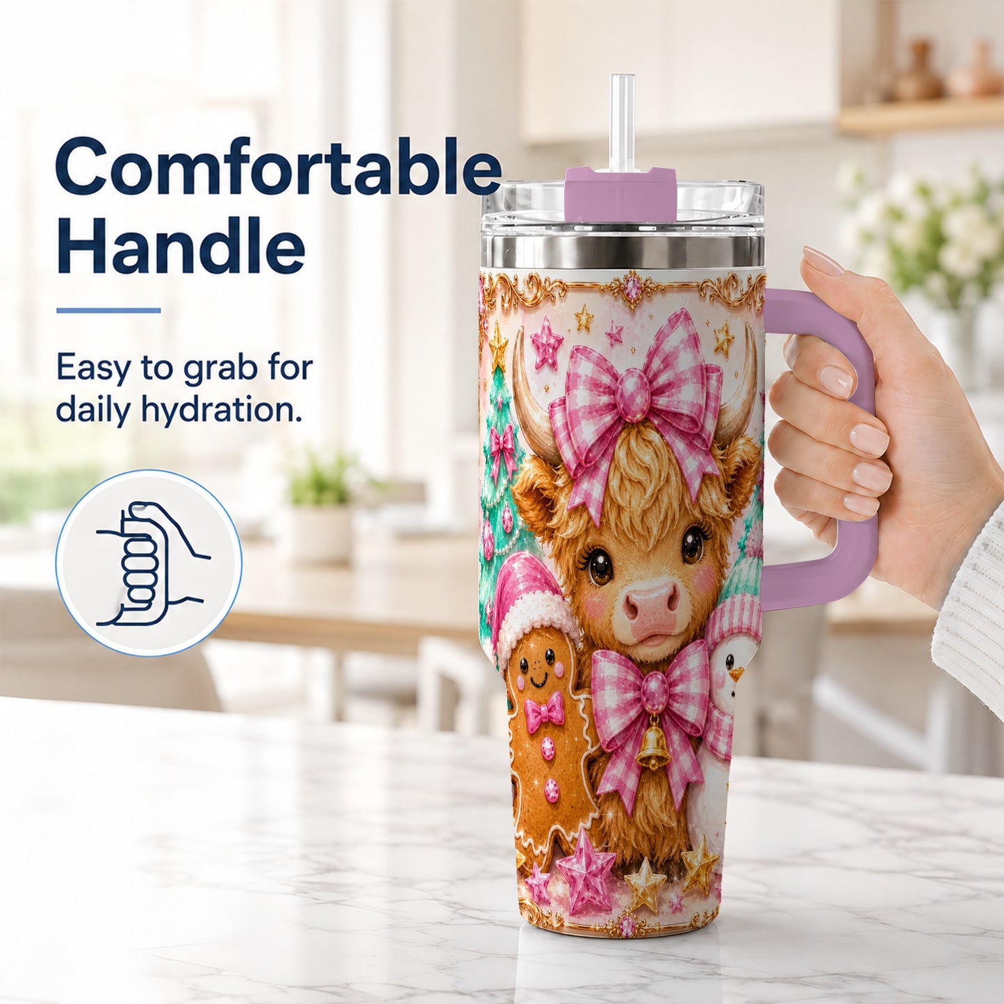 #pl[40oz|Pink] Highland Cow 40oz Tumbler with Handle, Christmas Farm Theme