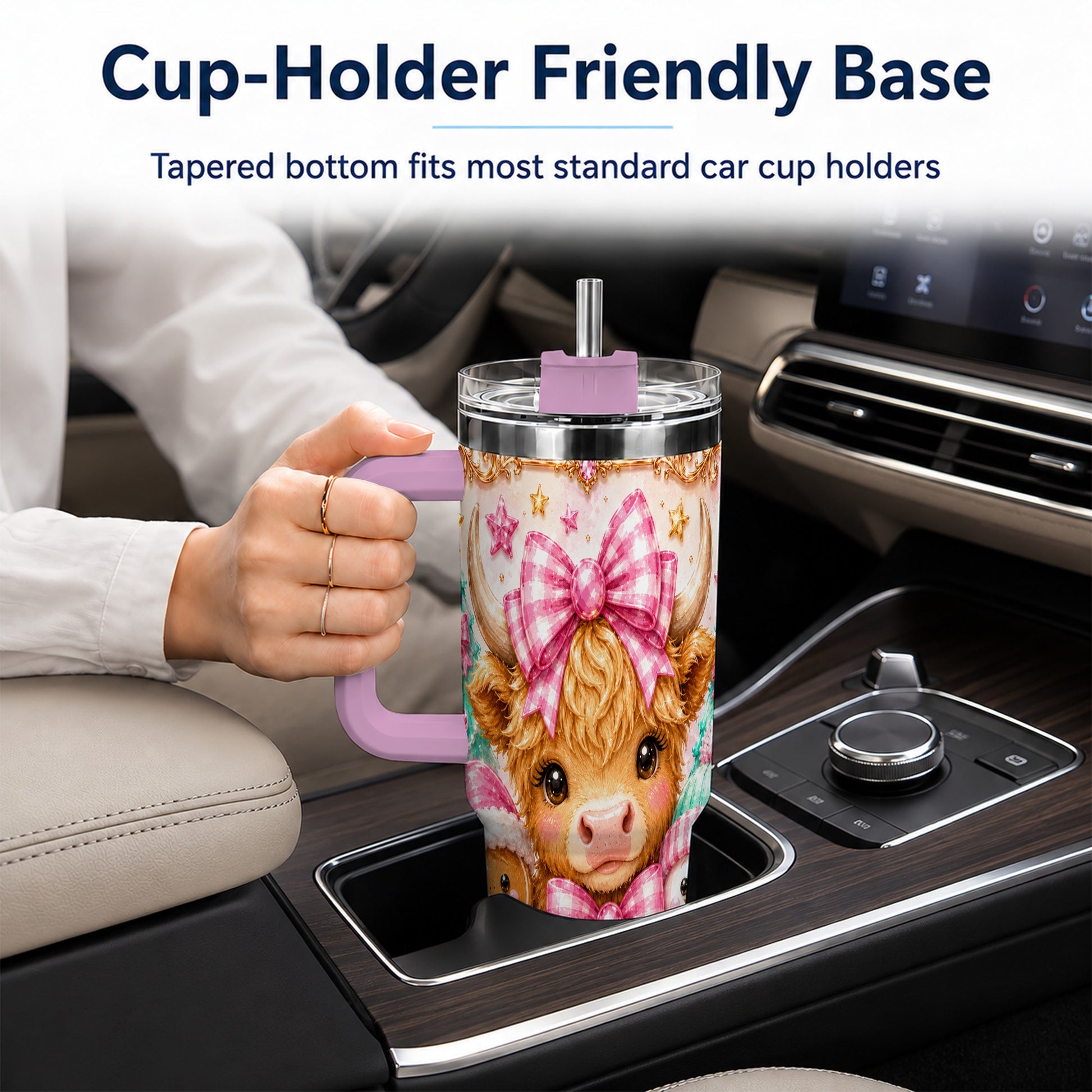 #pl[40oz|Pink] Highland Cow 40oz Tumbler with Handle, Christmas Farm Theme