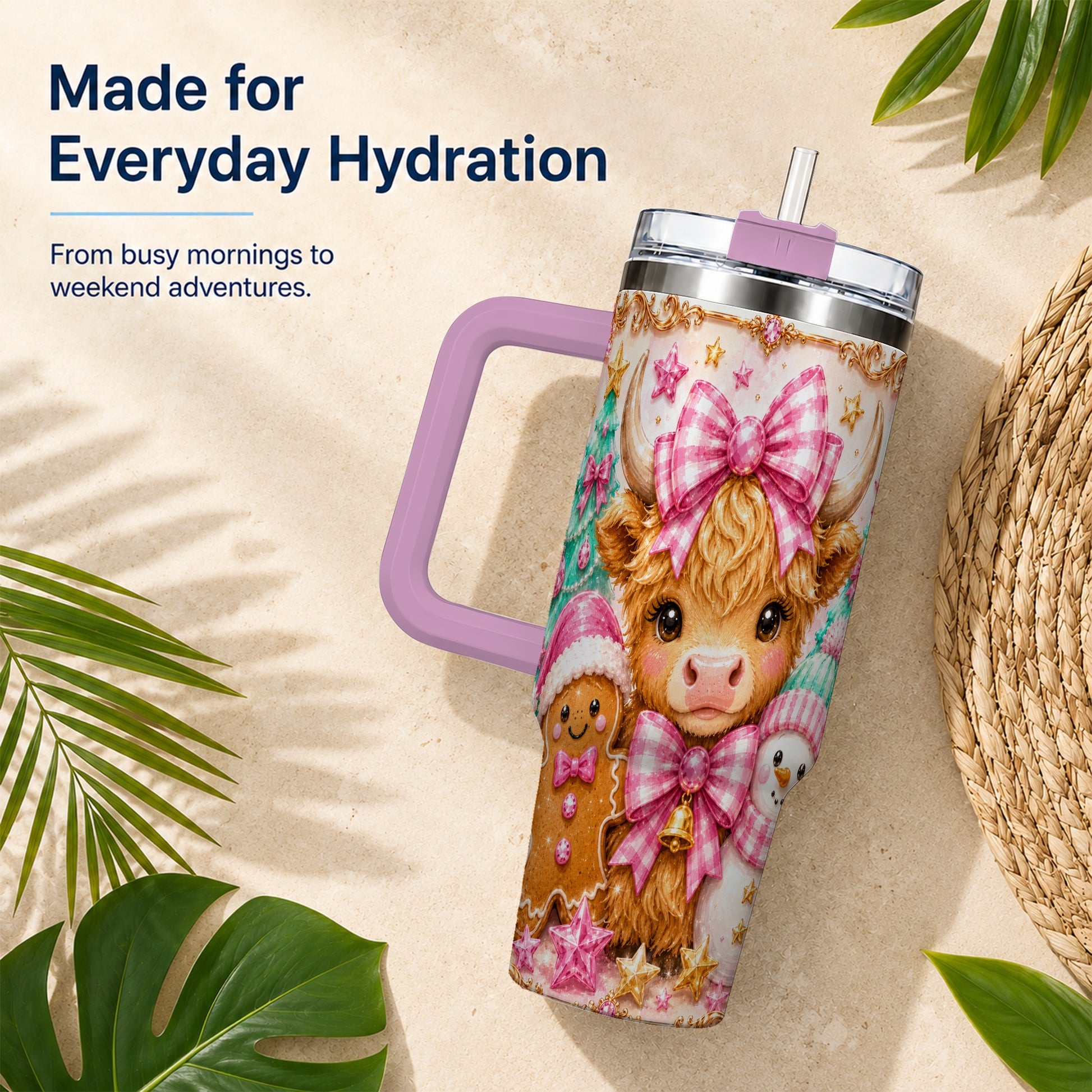 #pl[40oz|Pink] Highland Cow 40oz Tumbler with Handle, Christmas Farm Theme