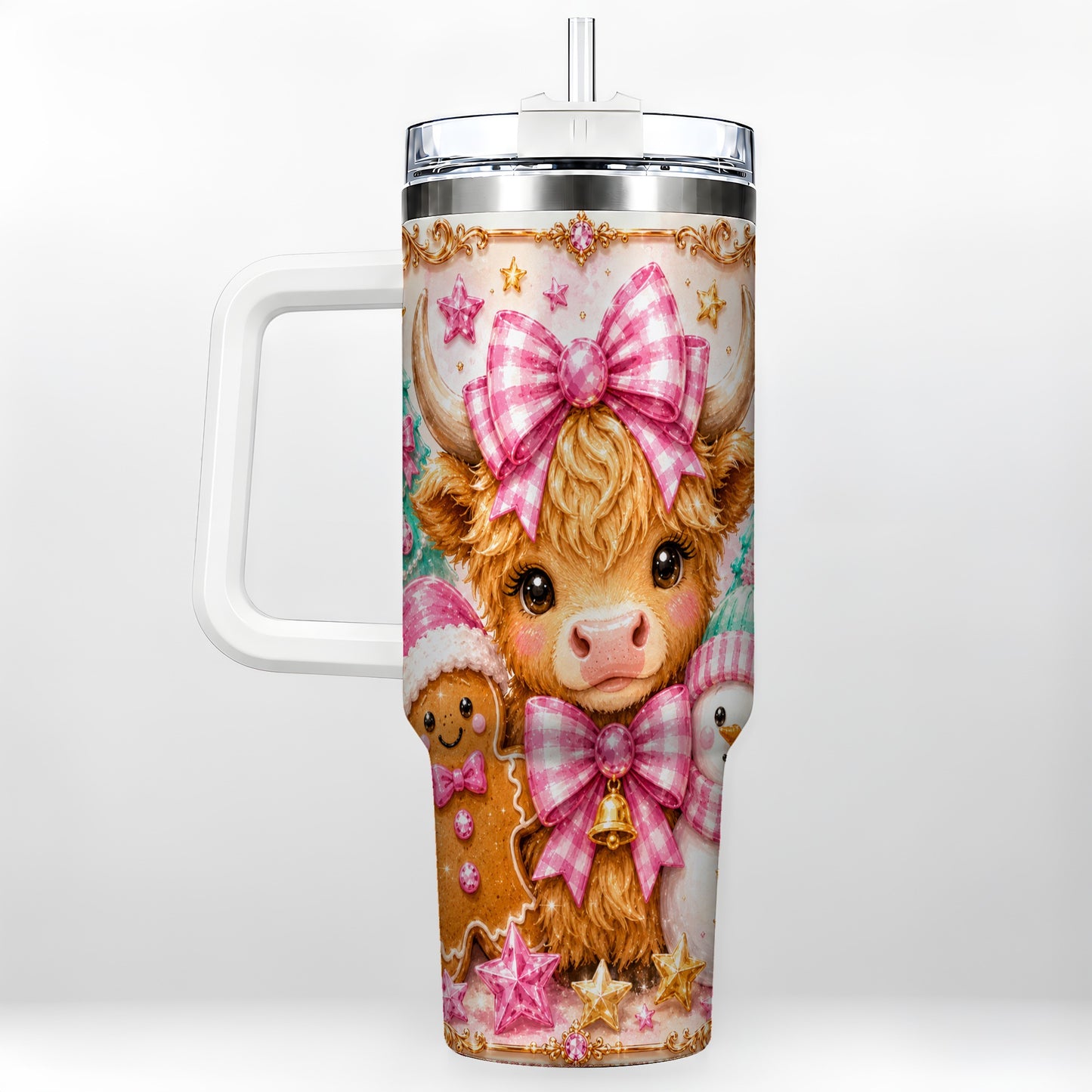 #pl[40oz|White] Highland Cow 40oz Tumbler with Handle, Christmas Farm Theme