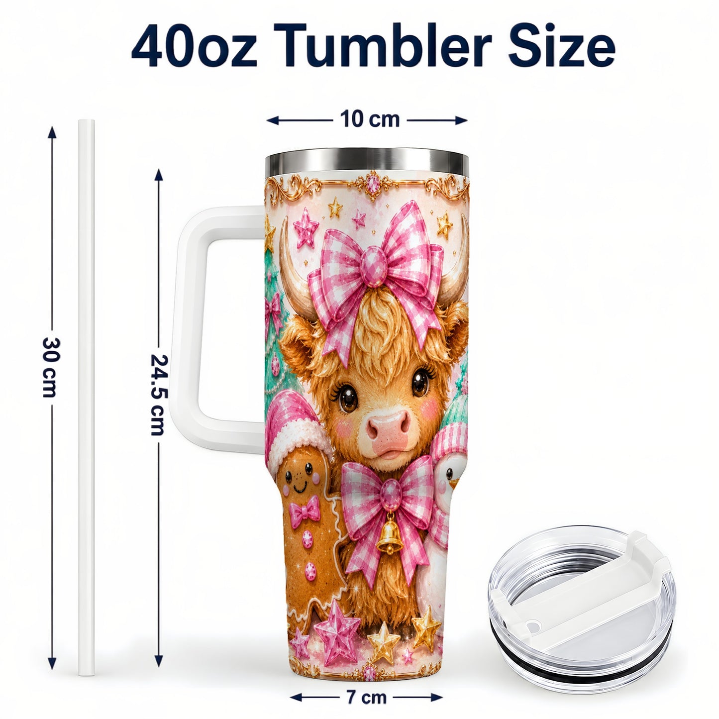#pl[40oz|White] Highland Cow 40oz Tumbler with Handle, Christmas Farm Theme