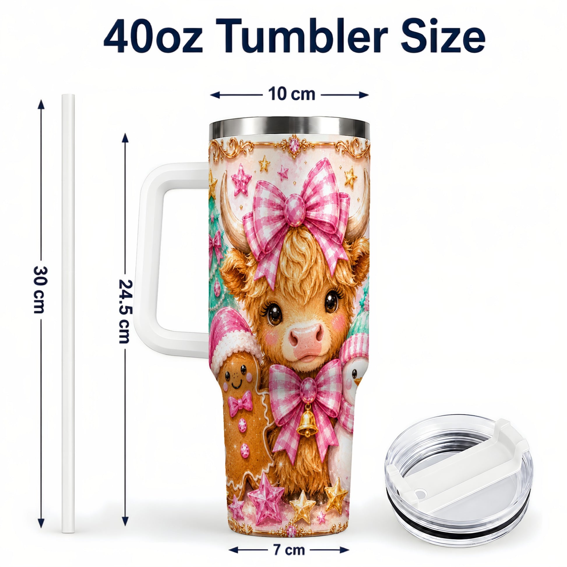 #pl[40oz|White] Highland Cow 40oz Tumbler with Handle, Christmas Farm Theme