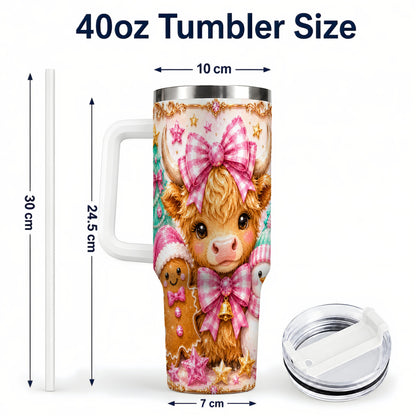 #pl[40oz|White] Highland Cow 40oz Tumbler with Handle, Christmas Farm Theme