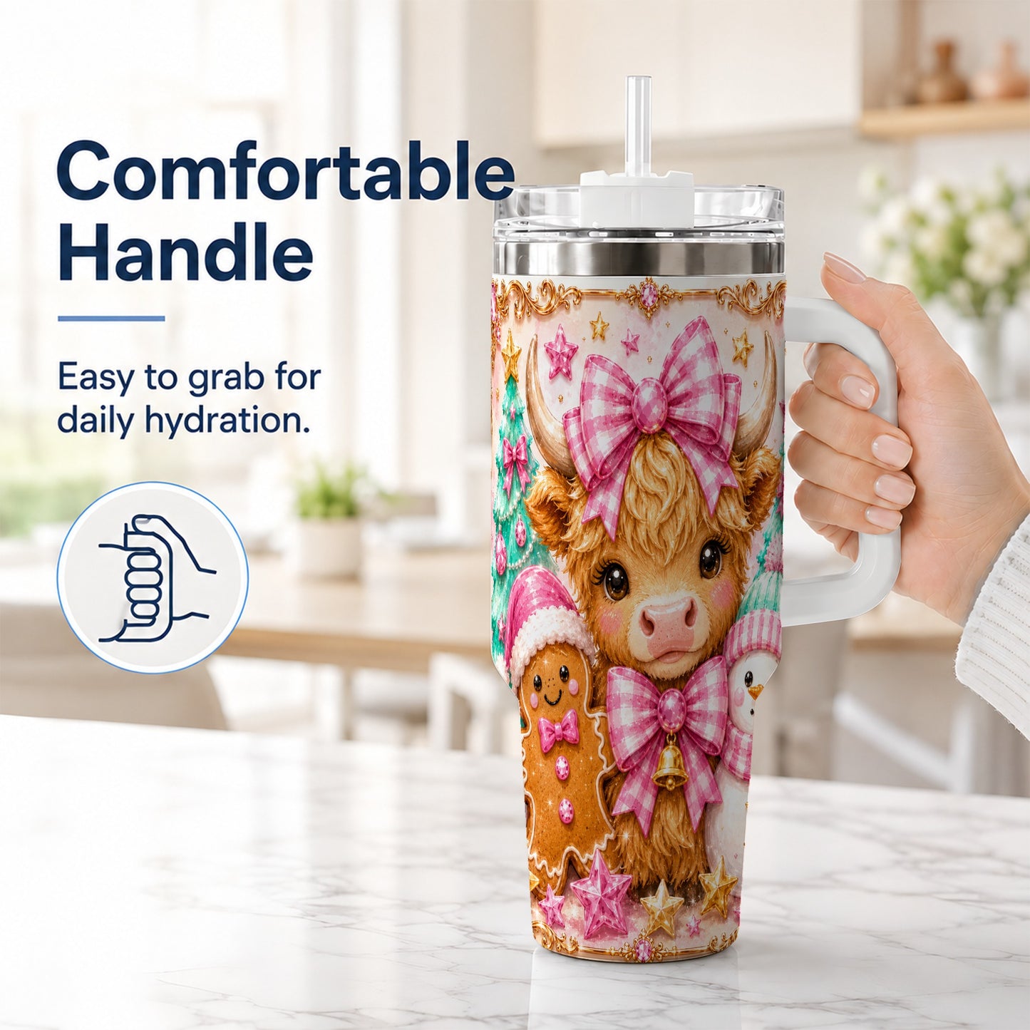 #pl[40oz|White] Highland Cow 40oz Tumbler with Handle, Christmas Farm Theme