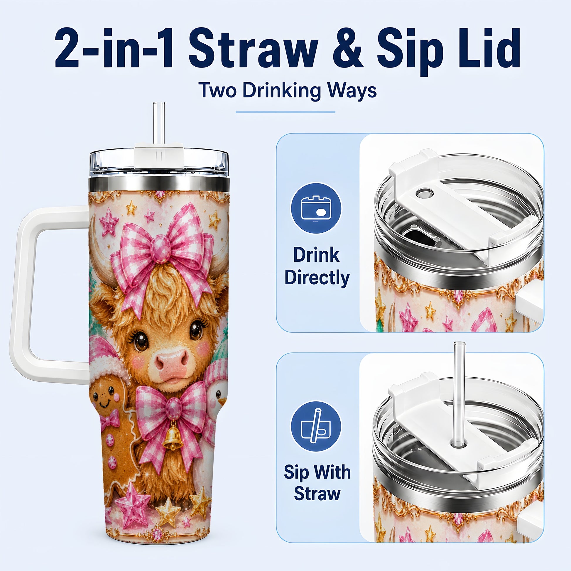 #pl[40oz|White] Highland Cow 40oz Tumbler with Handle, Christmas Farm Theme