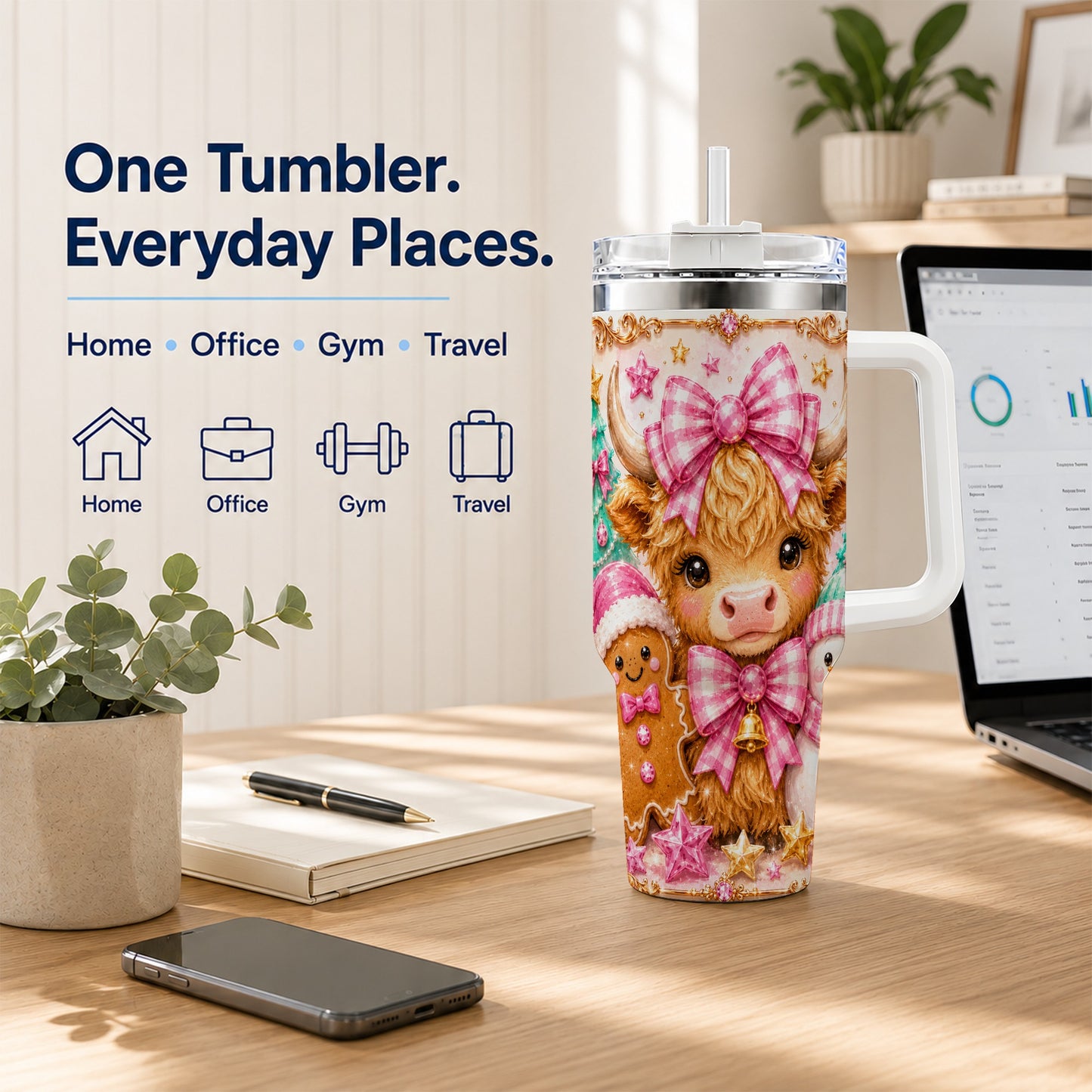 #pl[40oz|White] Highland Cow 40oz Tumbler with Handle, Christmas Farm Theme
