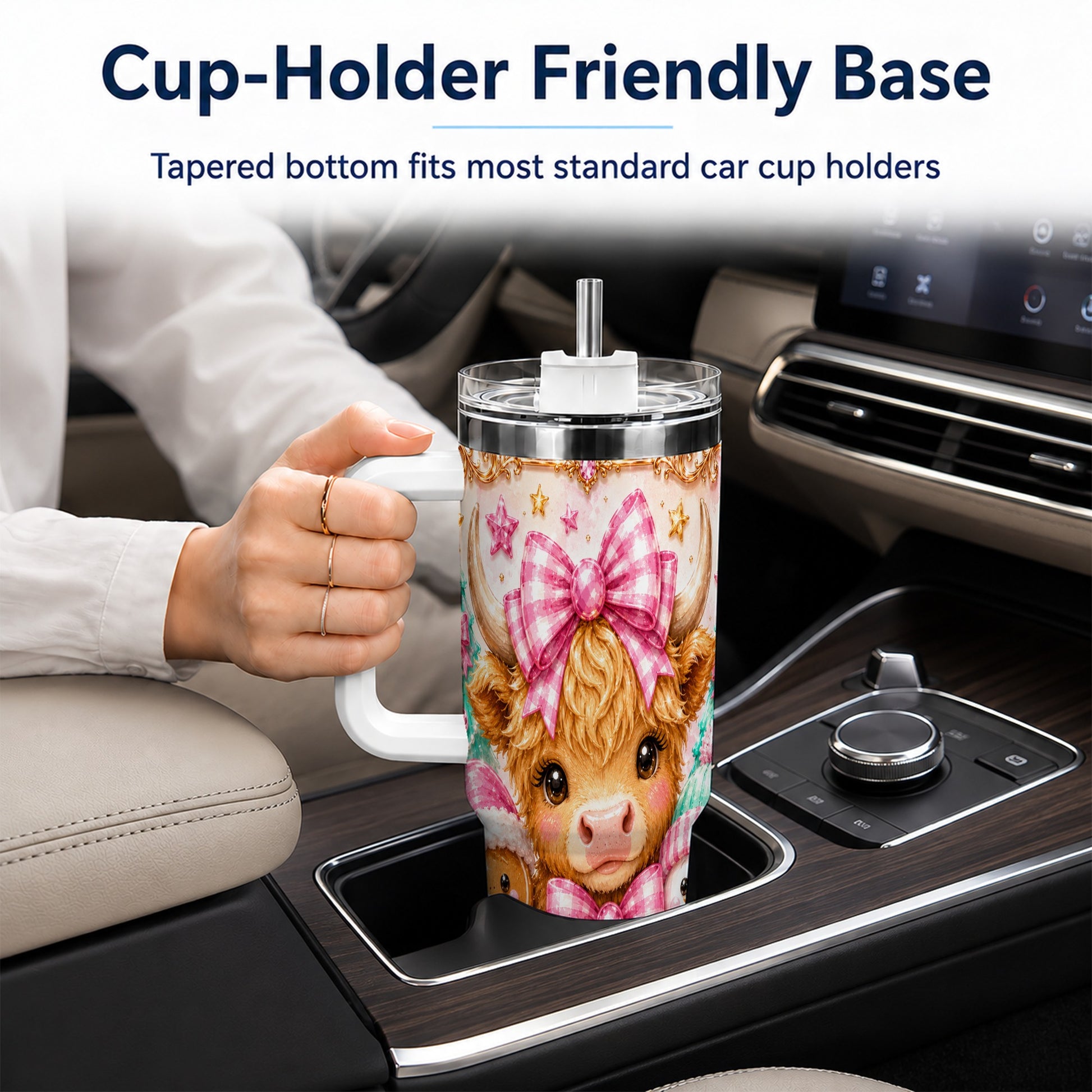 #pl[40oz|White] Highland Cow 40oz Tumbler with Handle, Christmas Farm Theme