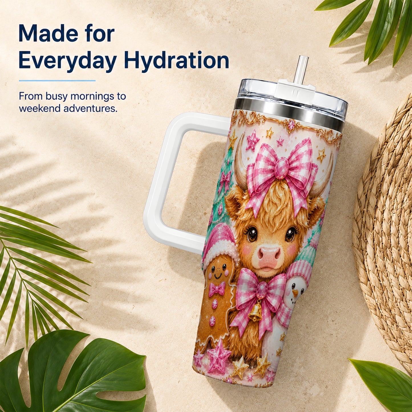 #pl[40oz|White] Highland Cow 40oz Tumbler with Handle, Christmas Farm Theme
