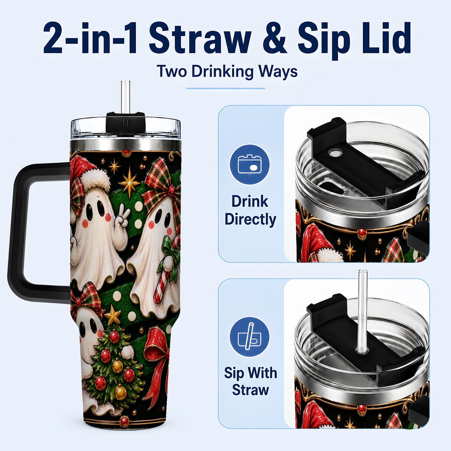#pl[40oz|Black] Christmas Ghost 40oz Tumbler with Handle, Plaid Holiday Theme