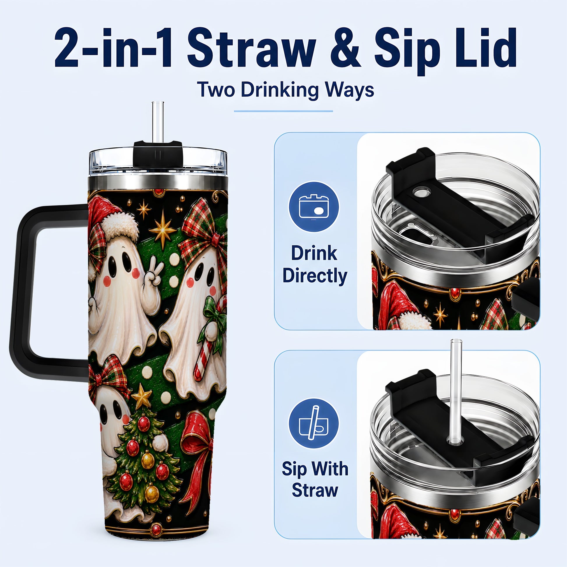 #pl[40oz|Black] Christmas Ghost 40oz Tumbler with Handle, Plaid Holiday Theme
