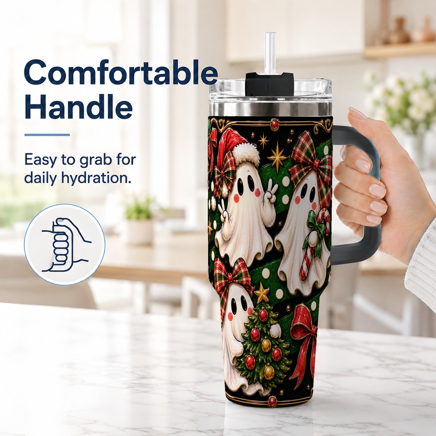 #pl[40oz|Black] Christmas Ghost 40oz Tumbler with Handle, Plaid Holiday Theme