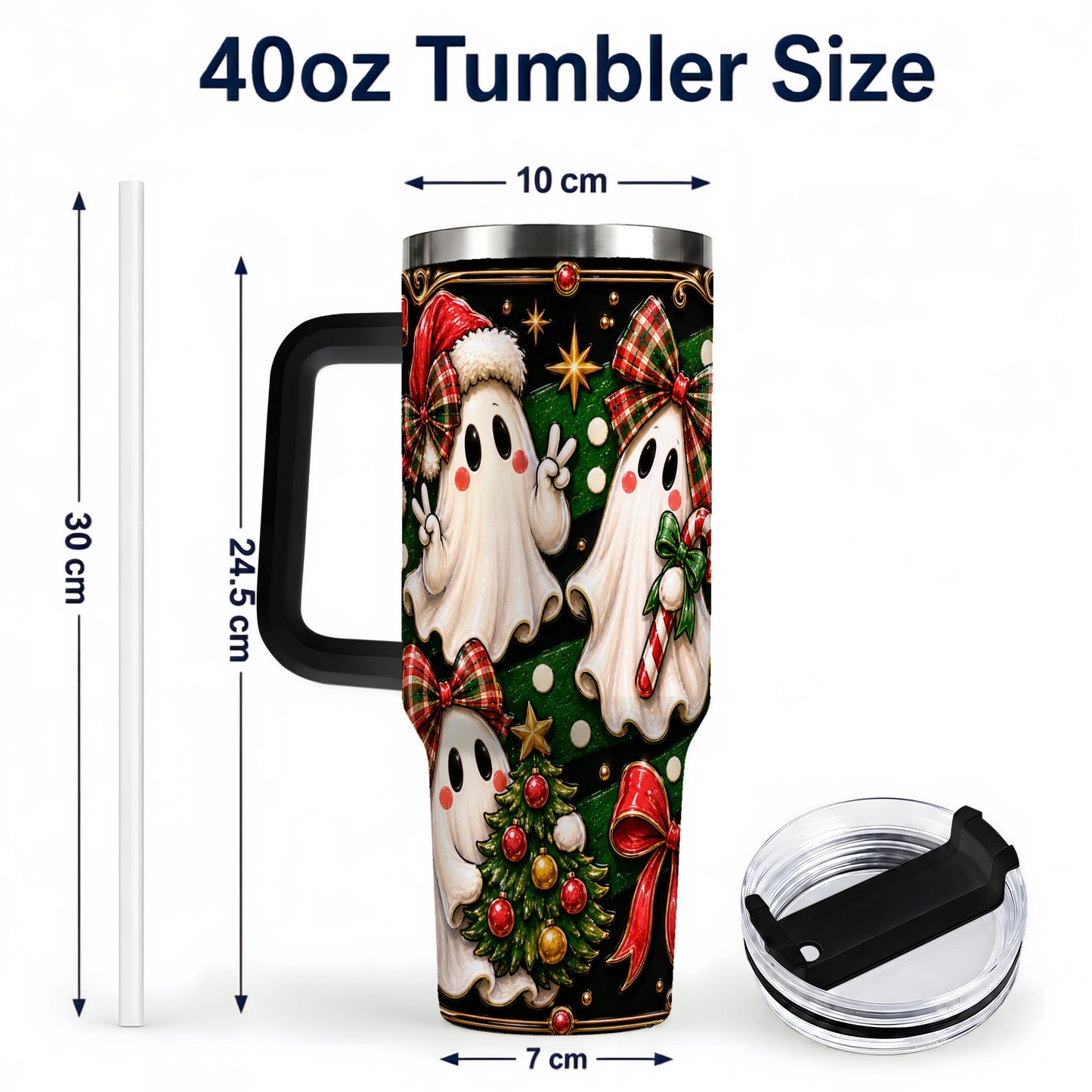 #pl[40oz|Black] Christmas Ghost 40oz Tumbler with Handle, Plaid Holiday Theme