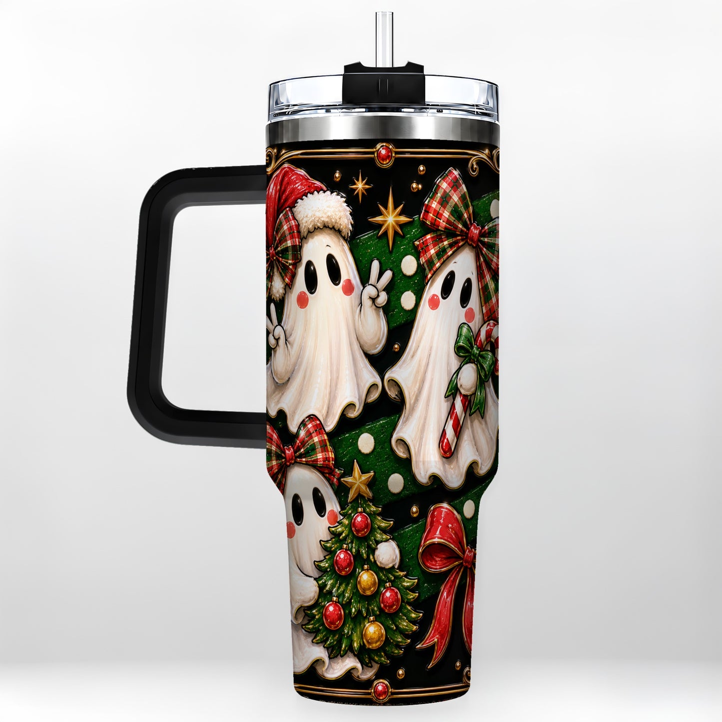 #pl[40oz|Black] Christmas Ghost 40oz Tumbler with Handle, Plaid Holiday Theme