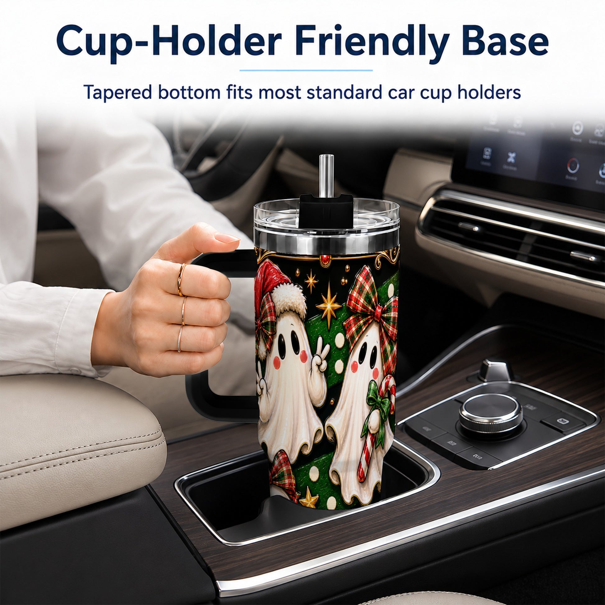 #pl[40oz|Black] Christmas Ghost 40oz Tumbler with Handle, Plaid Holiday Theme