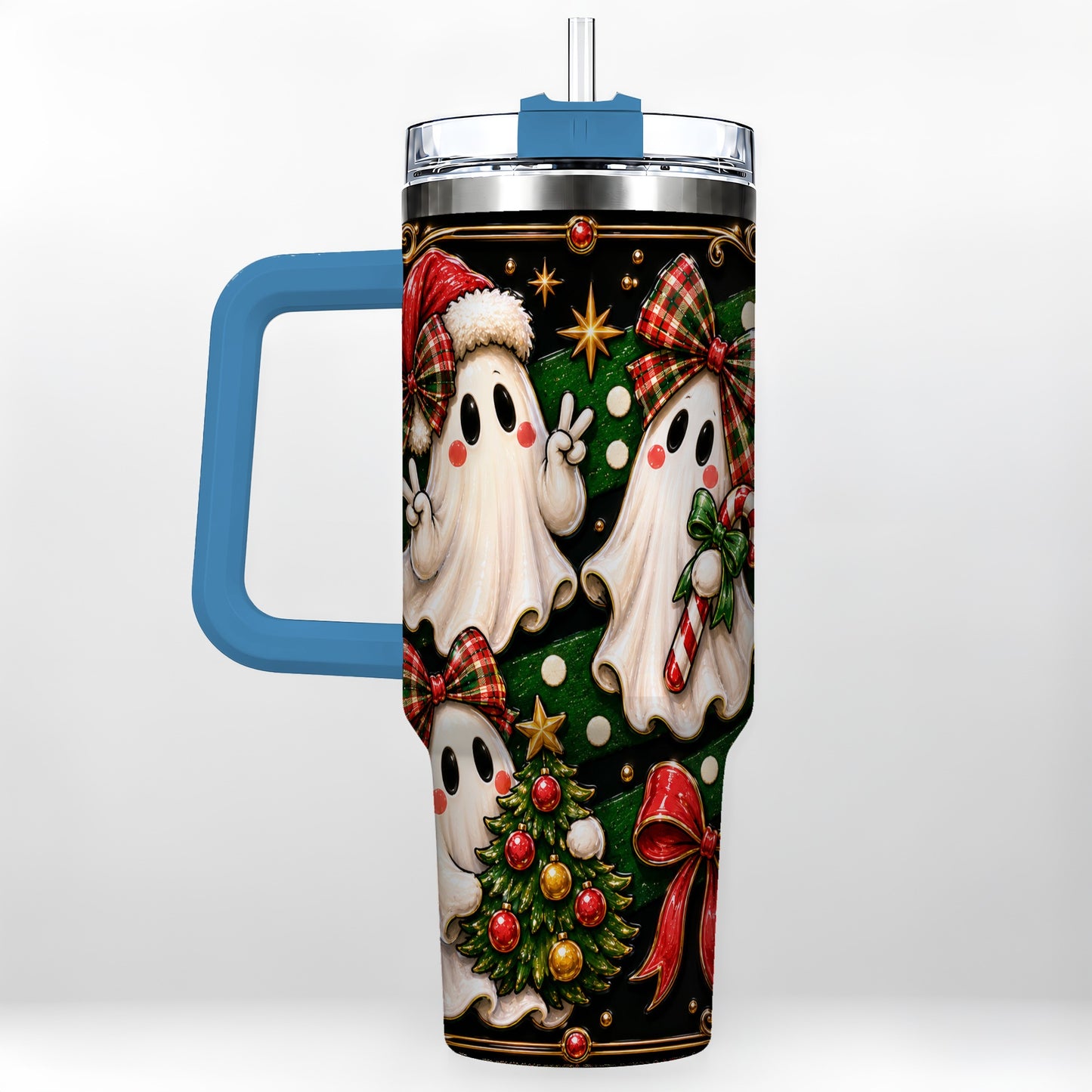 #pl[40oz|Blue] Christmas Ghost 40oz Tumbler with Handle, Plaid Holiday Theme