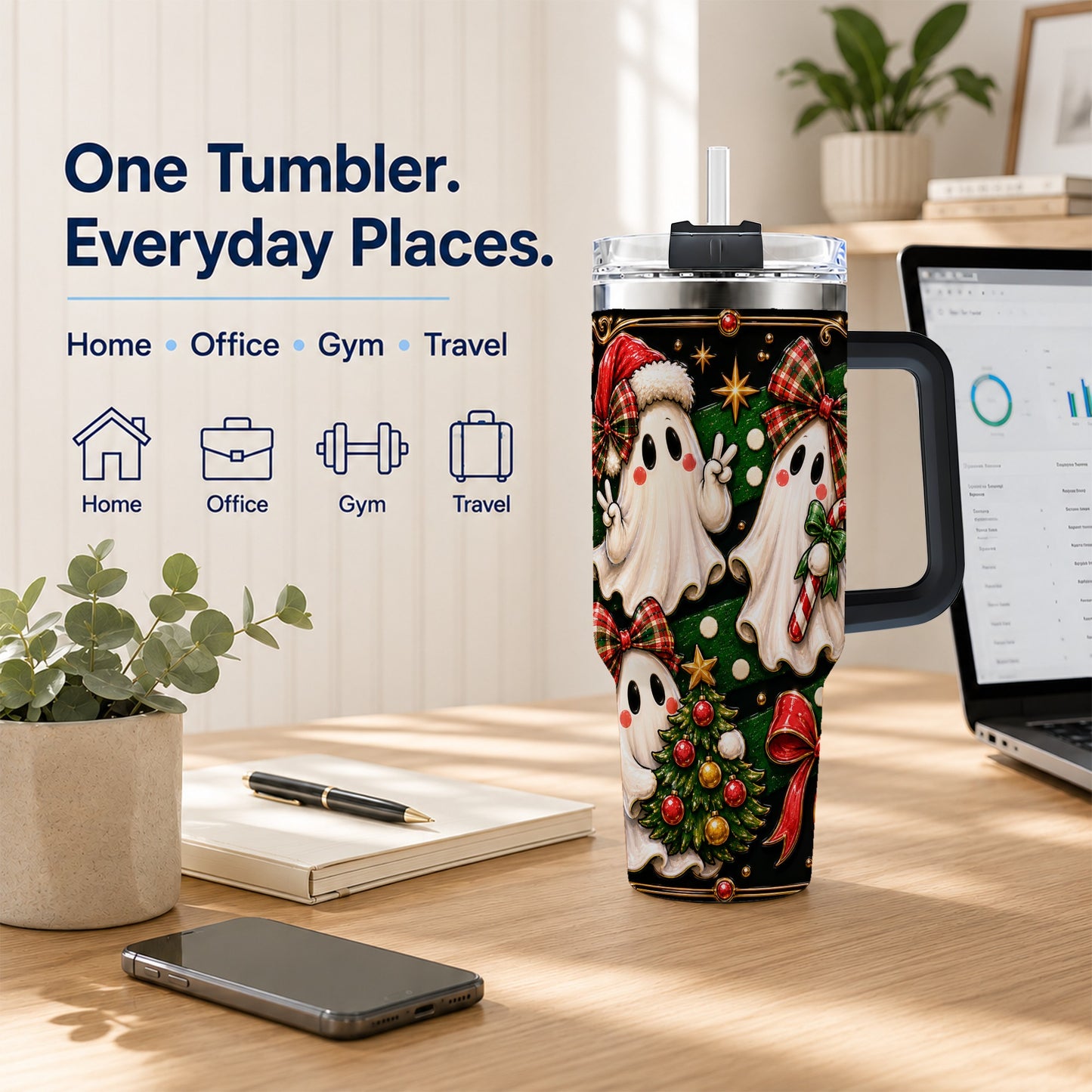 #pl[40oz|Black] Christmas Ghost 40oz Tumbler with Handle, Plaid Holiday Theme