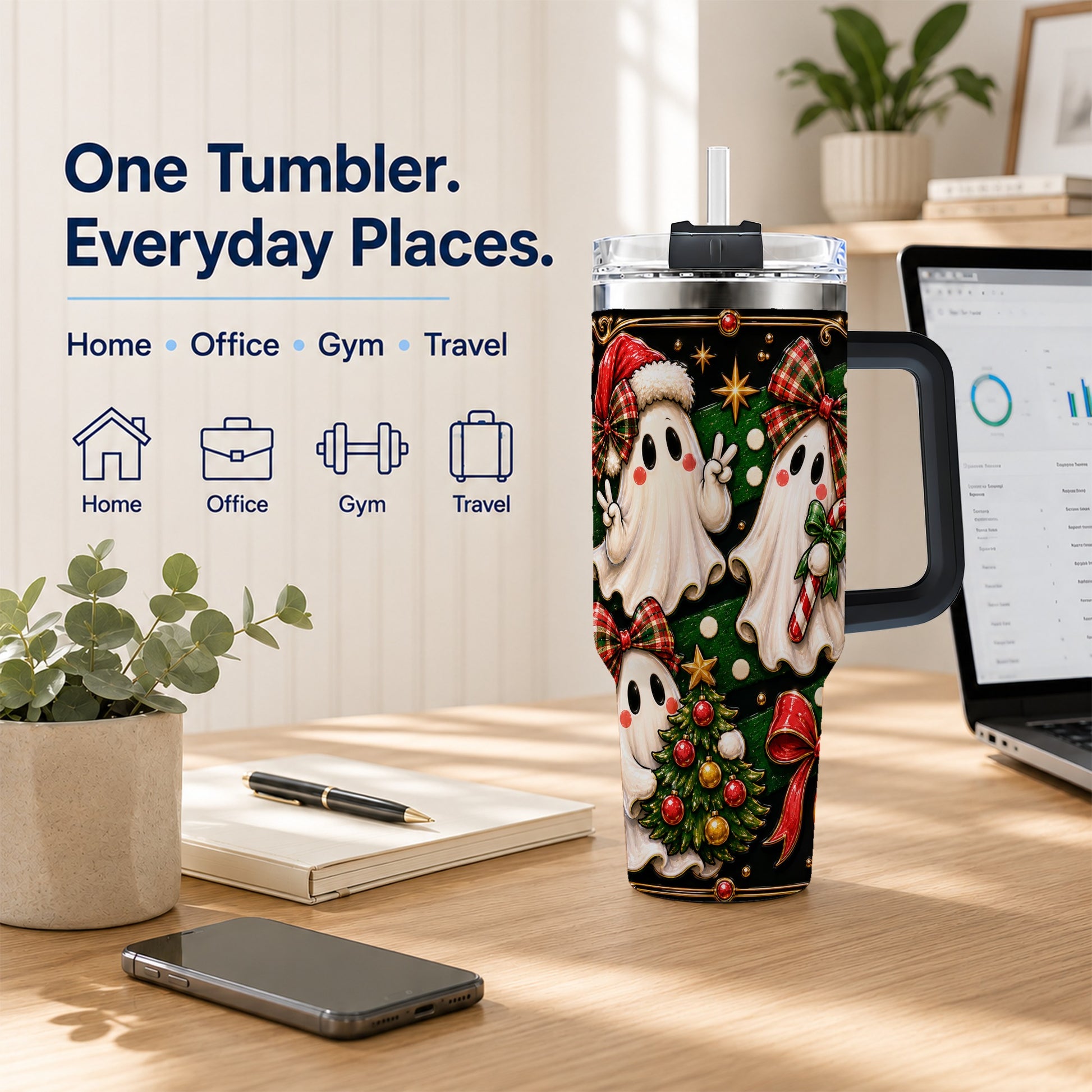 #pl[40oz|Black] Christmas Ghost 40oz Tumbler with Handle, Plaid Holiday Theme